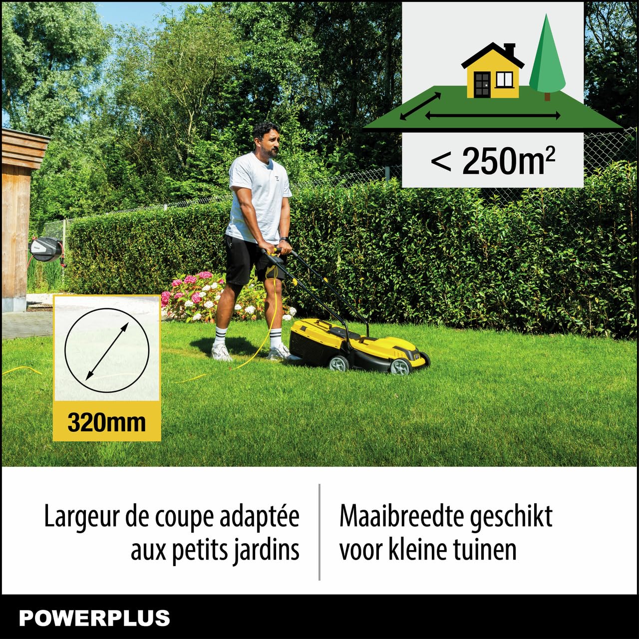 Powerplus Cortacésped Eléctrico POWEG62205 - Cortacésped con Ø 320 mm y 1300W - Cortador de Césped con Función de Expulsión Trasera