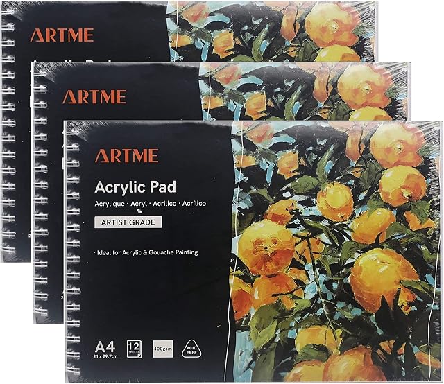 ARTME Acrylic Pad A4 (3 Pack) - 12 Sheets/ 400gsm Extra Heavyweight/Cold Pressed/Acid Free for A Variety of Wet and Dry Media  Premium Quality Drawing Pad Sketchbook Acrylic and Gouache Painting