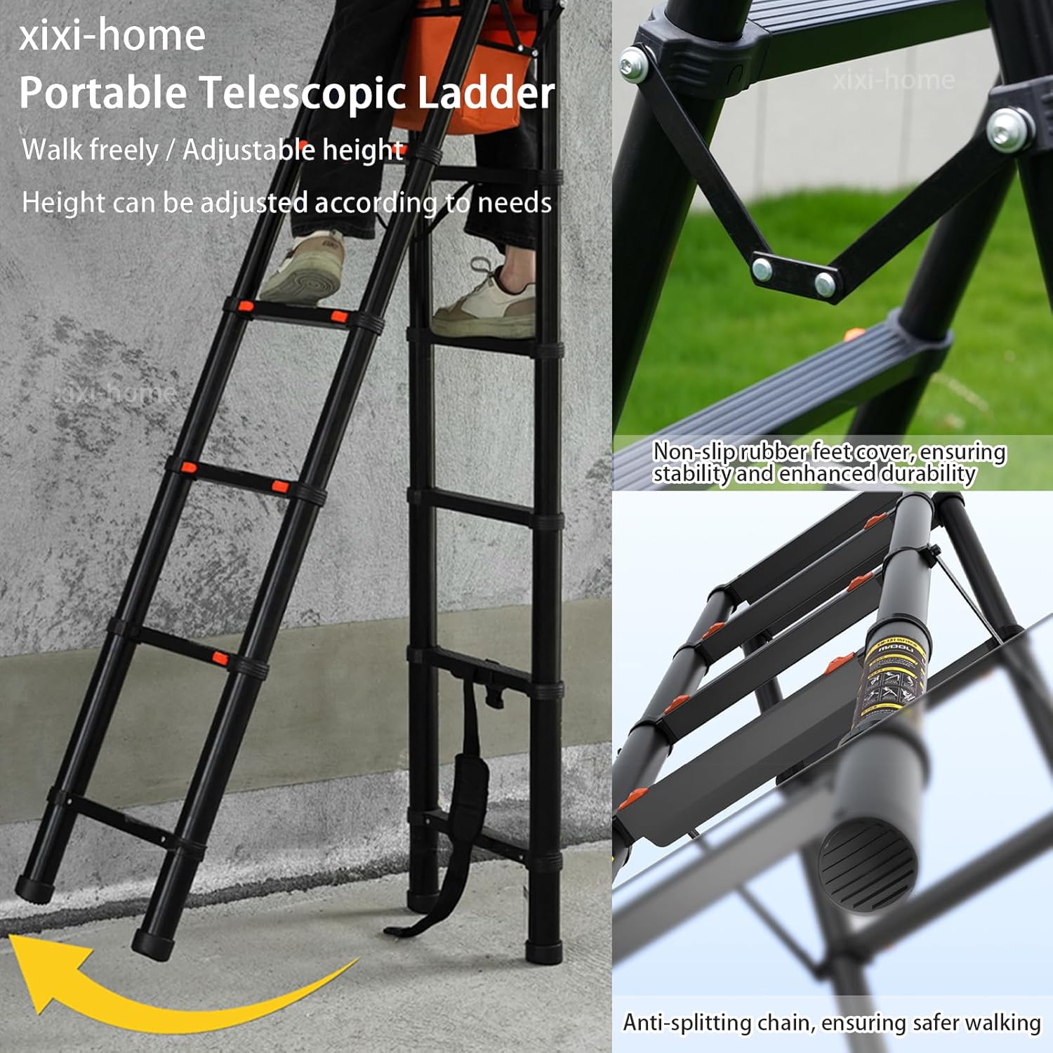 xixi-home Telescoping Ladder 5.5FT Aluminum Extension Ladder with Non-Slip Feet,Free to Move Telescopic Step Ladders Portable Lightweight Collapsible Ladder for Home,Work（Aluminum-1.7m）