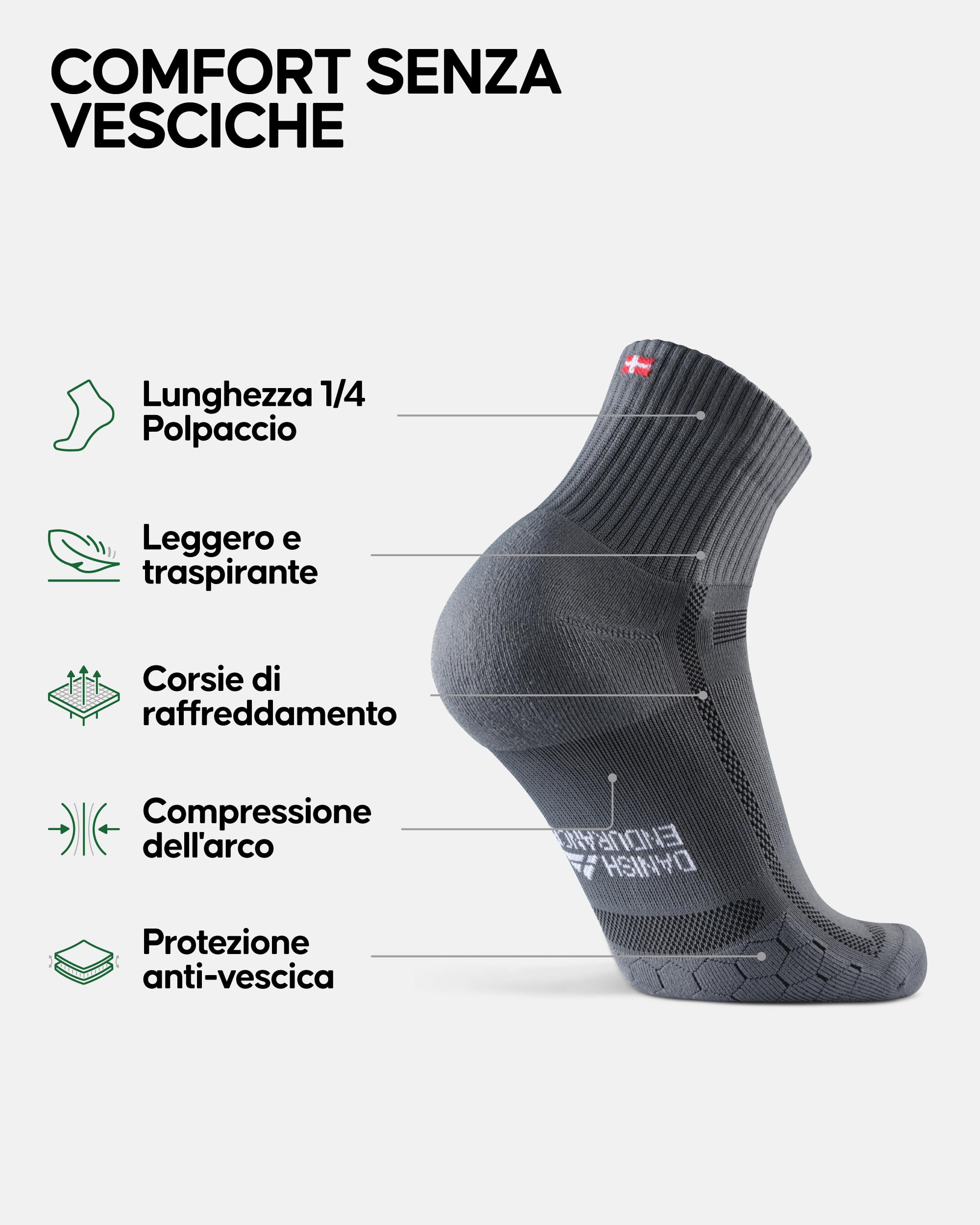DANISH ENDURANCE Calze Uomo Running, Calzini Antiscivolo da Corsa, Anti-Vesciche, Calze per Trail Running, Trekking & Sport, Unisex, 3 & 5 Paia