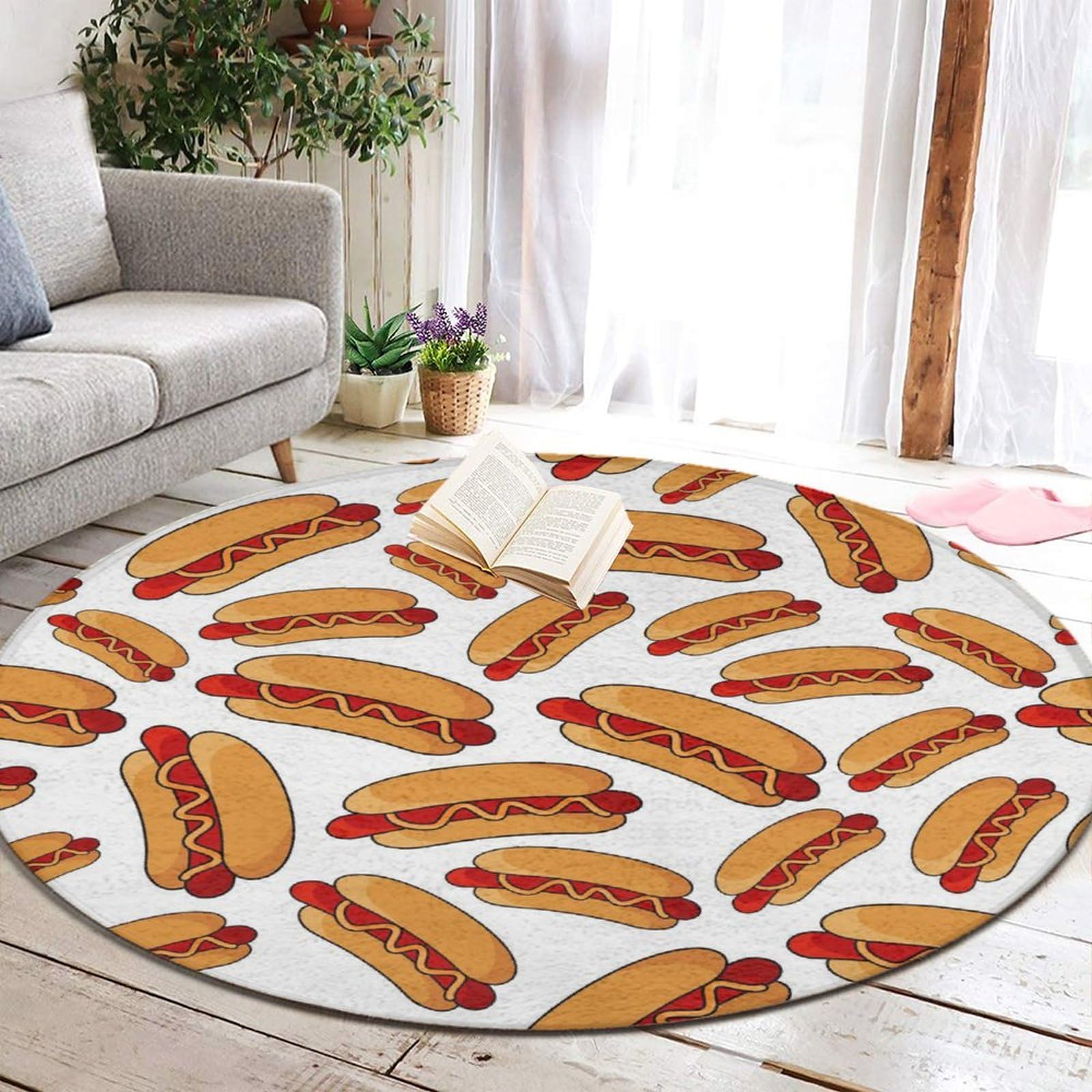 Amazon.com: Modern Round Area Hotdog Fun Food Hot Dog Rug Non-Slip