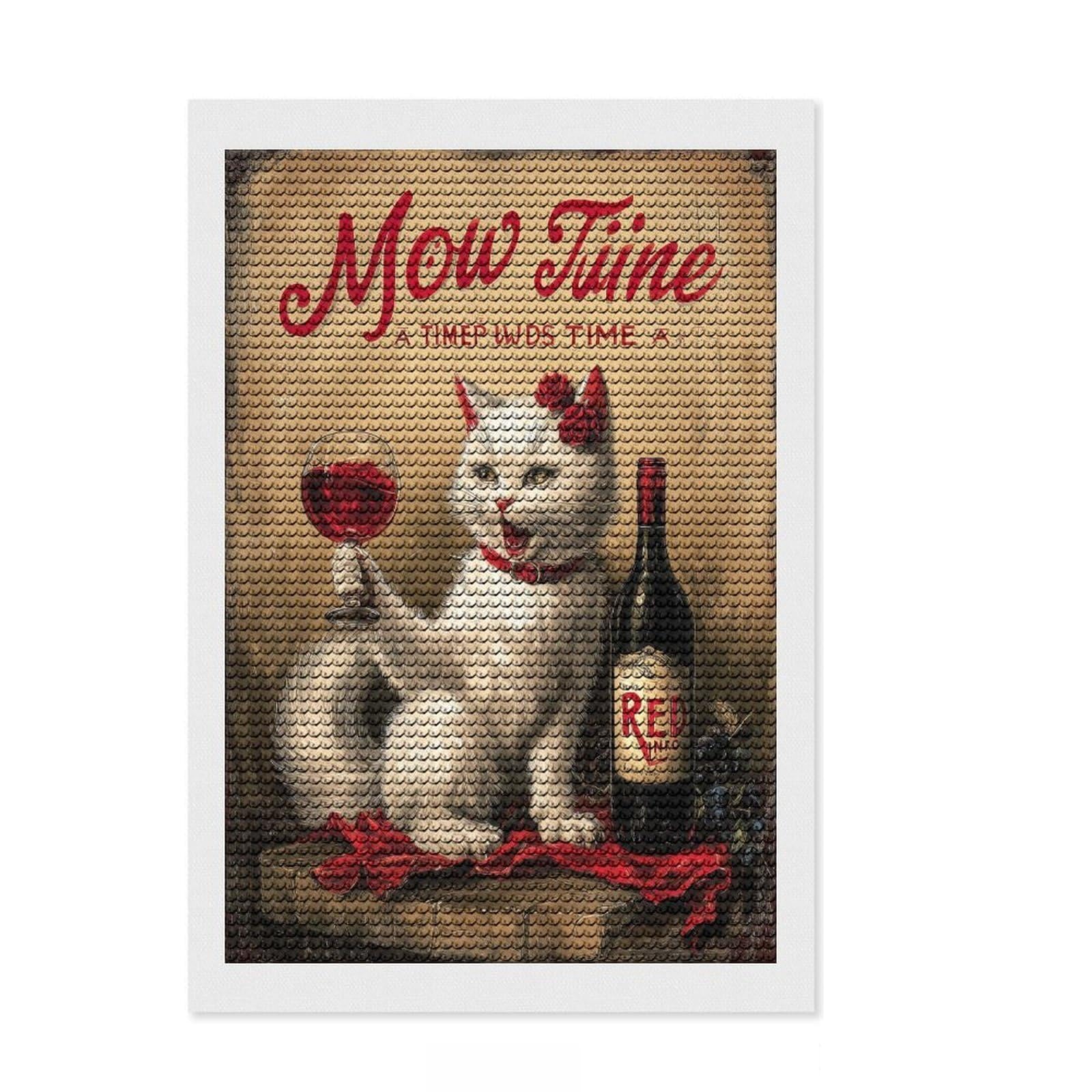 Junmoney Mew Wine Time Crystal Diamond Art Kit 8"x12", Vintage Style Decor, Stress Relief Craft, Thoughtful Present, Aesthetic Room Decor
