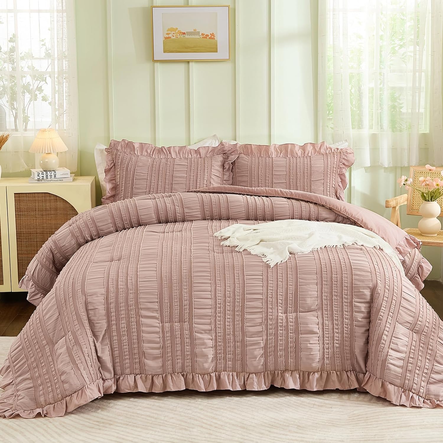 WONGS BEDDING Comforter Full Size, Pink Ruffle Comforter for Full Bed for Dorm Room Essentials, Soft Seersucker Textured Bedding Set Full Size Comforter Sets for Girls 90"×78" - Image 9