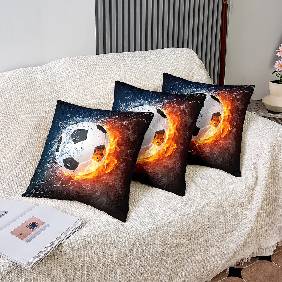 Set di 2 federe per cuscino da calcio per bambini, 40 x 40 cm, morbido Rugby Sports, federa per cuscino da calcio, cuscino decorativo per divano, blu e arancione