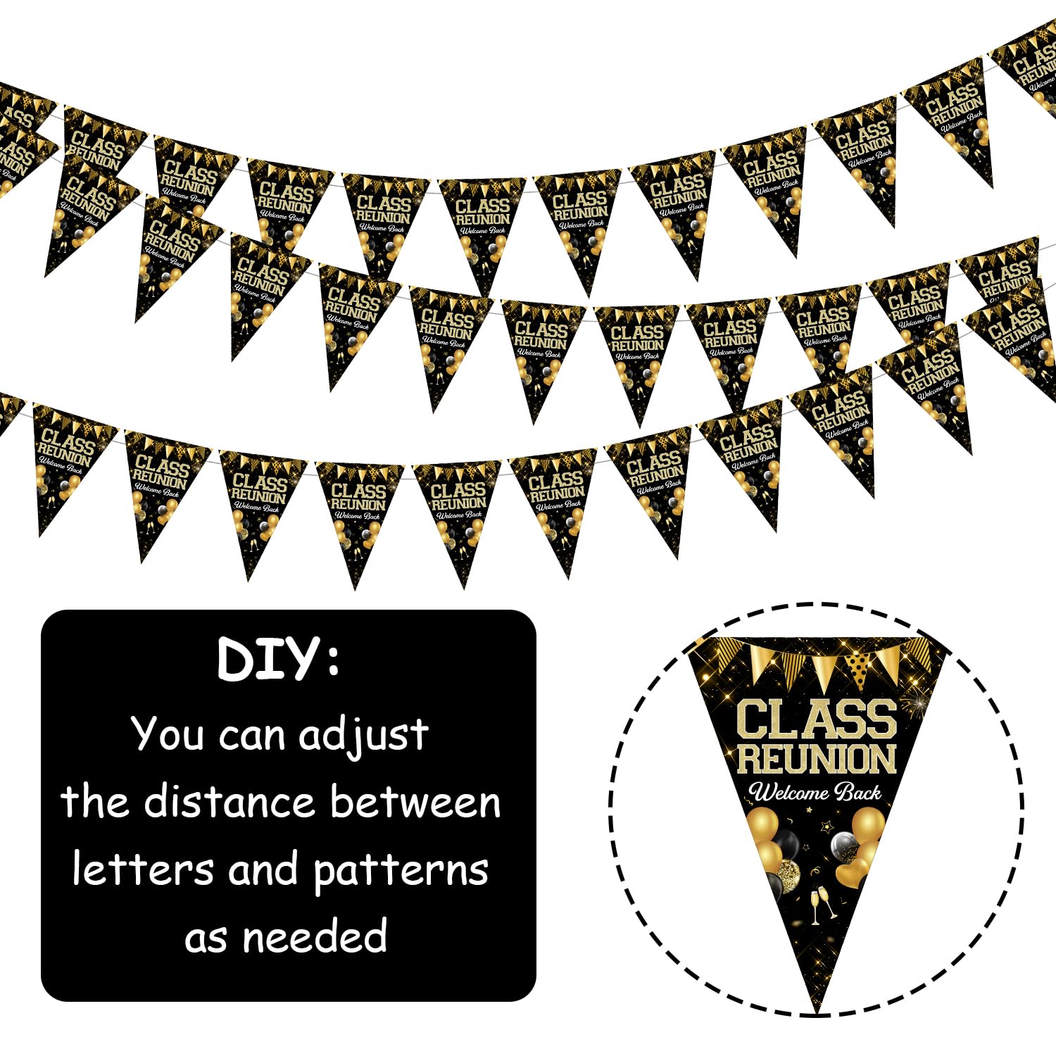 Class Reunion Decorations School Class Reunion Banner Gold Black Welcome Back School Reunion Pennant High School Reunion Triangle Flag Bunting Banner for 20th 30th 40th Reunion Party Photography Prop - Image 4