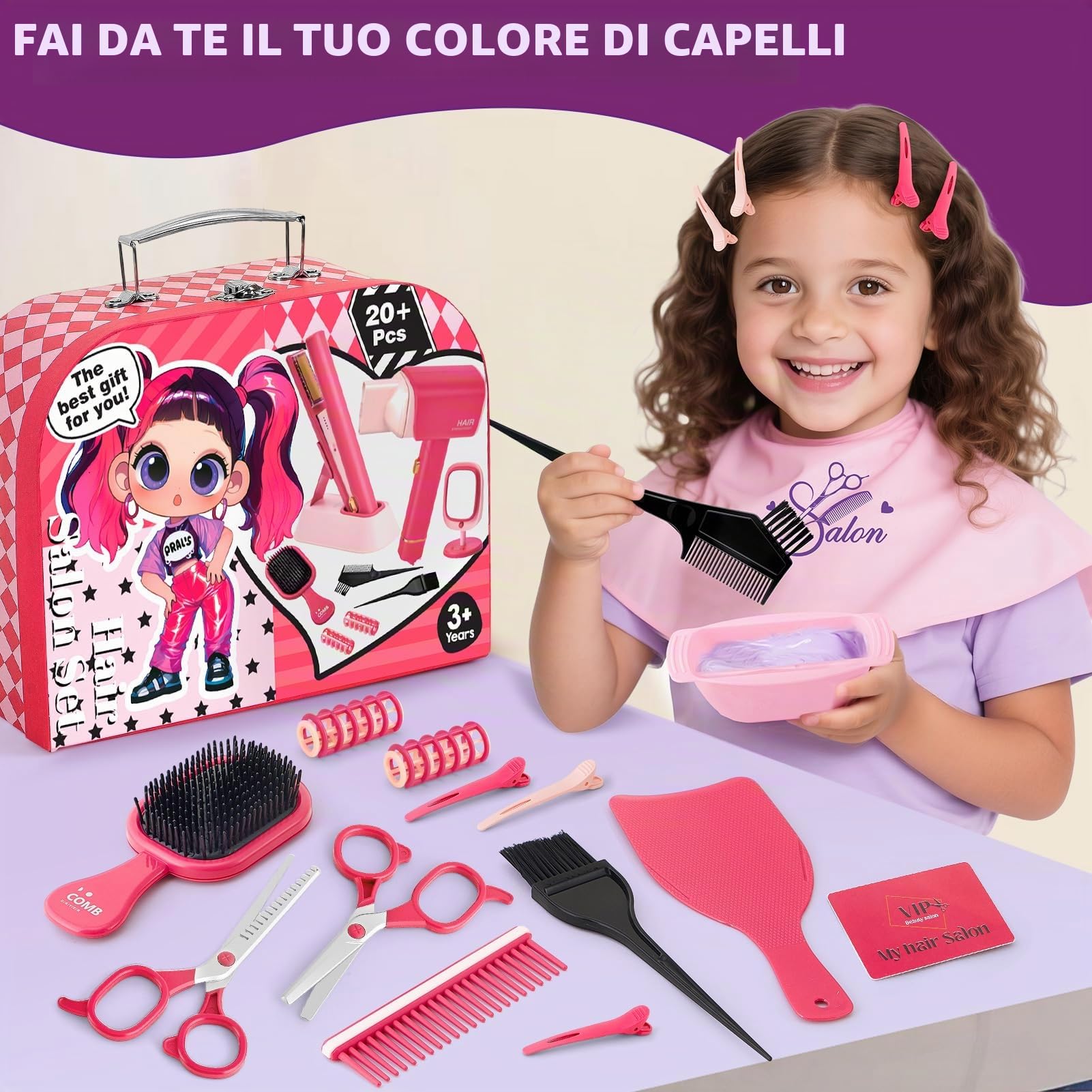 Toylink Set Parrucchiera e Trucco per Bambina con Asciugacapelli, Piastra, Specchio, Pettini, Forbici, Valigetta Bellezza, Valigetta Bellezza Giocattoli Finti Regalo Bambina 3 4 5 6 7 8 Anni