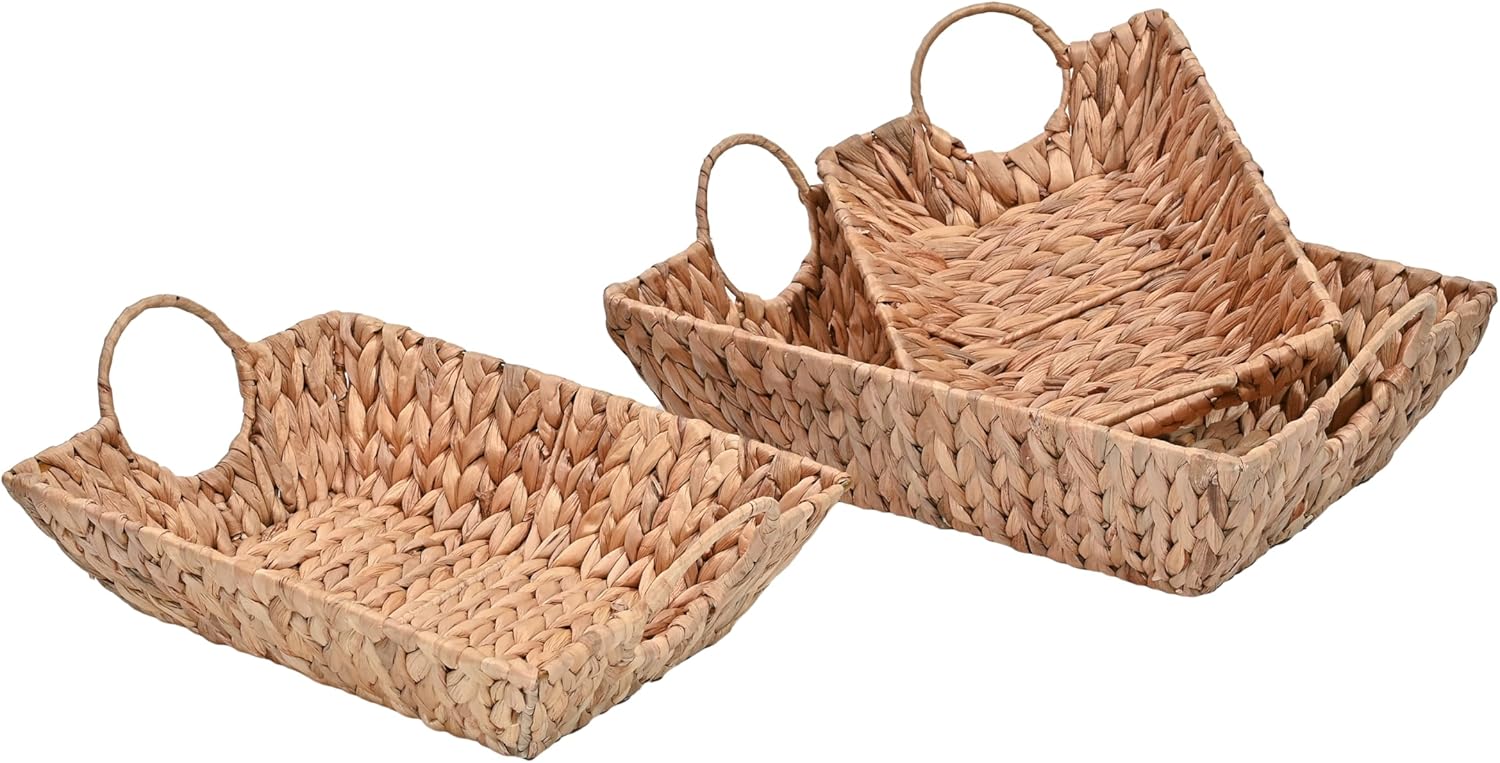 happimess TRY2000A-3SET Rowan Bohemian Cottage Handwoven Hyacinth Rectangular Decorative Basket Trays with Handles, Natural (Set of 3) for Storage and Decoration in Bathroom, Bedroom, Living Room