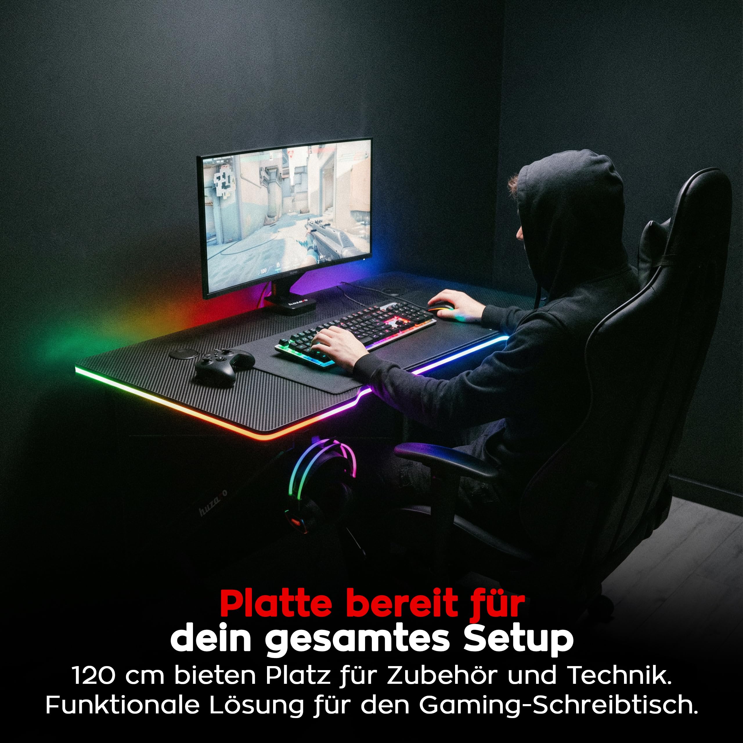 huzaro Hero 1.7 RGB Black, biurko gamingowe z oświetleniem LED, stolik pod komputer, 120 x 60 cm, hak na słuchawki, uchwyt na napoje, powierzchnia z włókna węglowego, przepust kablowy, metalowa