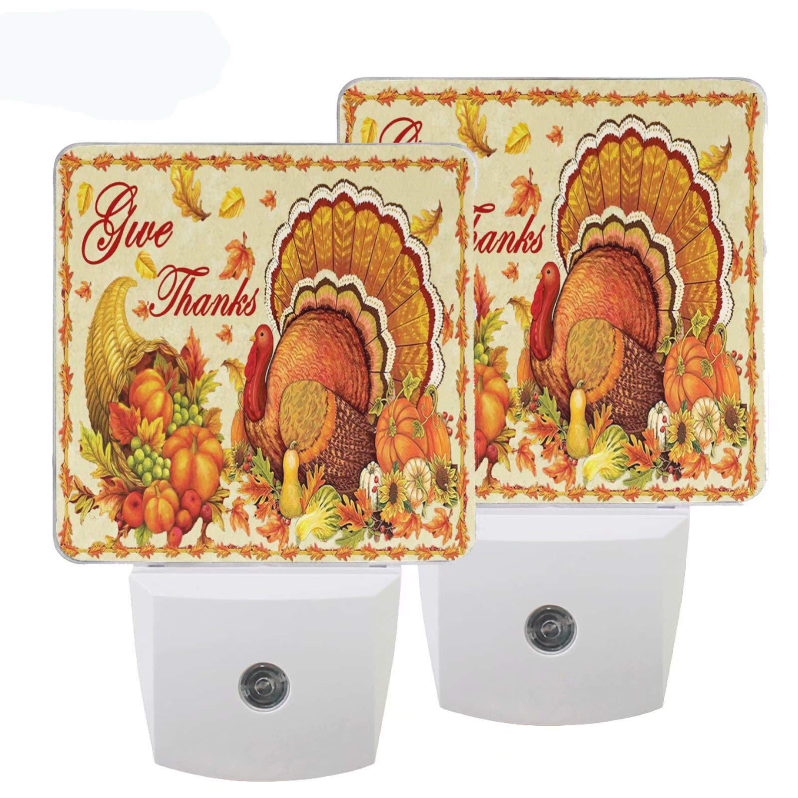 Pfrewn Happy Thanksgiving Harvest Turkey Pumpkin Night Light Plug in Set of 2 for Kids Adults Boys Girls Babies, Autumn Sunflower Night Lights Led Auto Motion Senor for Reading Bathroom Bedroom Decor
