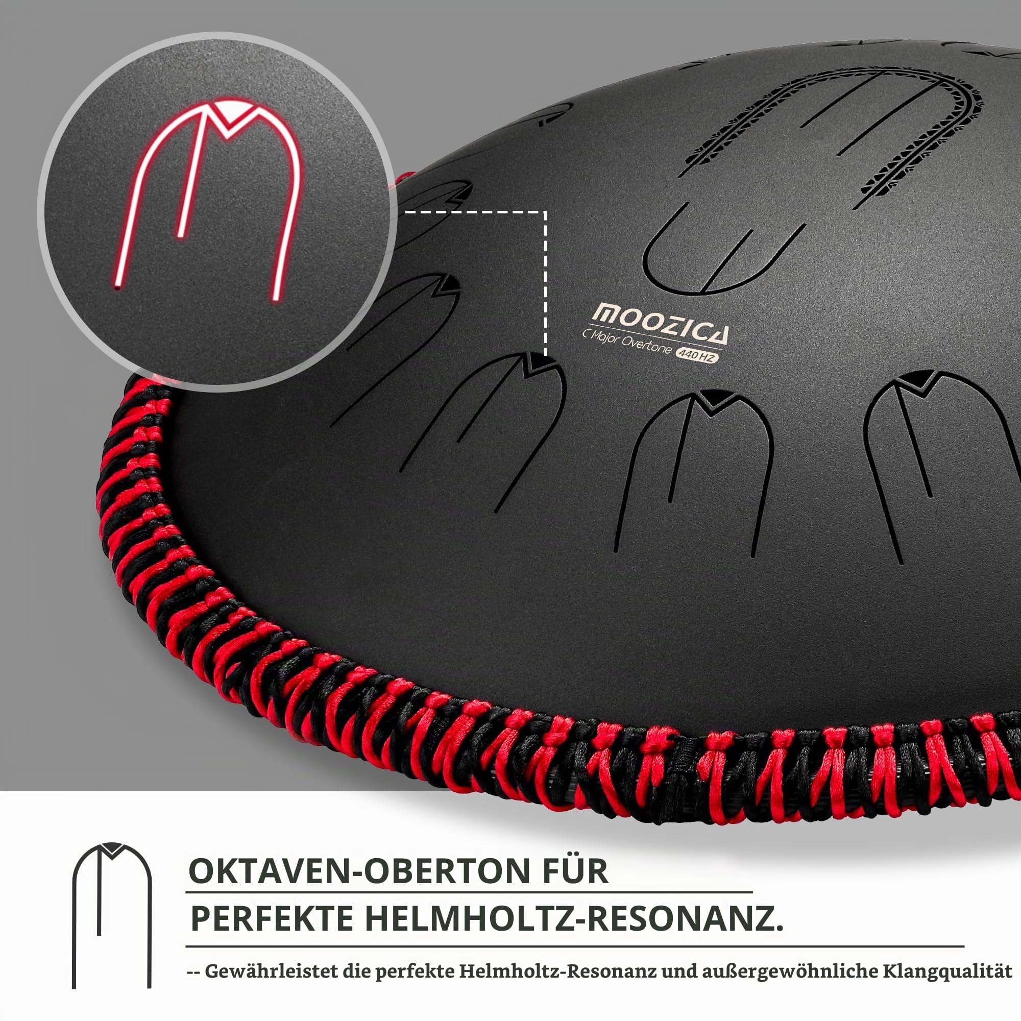 MOOZICA 15 Zoll Stahl-Handpan-Zungentrommel – 15 Töne in C-Dur, 440Hz, Zungentrommel mit Oktav-Oberton-Design – Professionelles Percussion-Zungentrommelinstrument mit Tragetasche (Schwarz, 440hz)