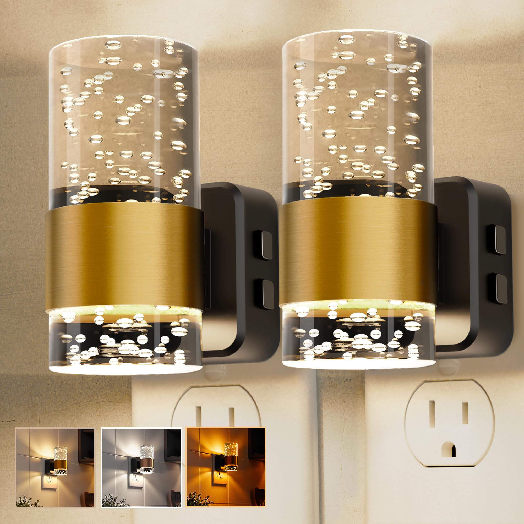Photo 1 of Night Lights Plug into Wall 2 Pack, Dimmable Night Light with Dusk-to-Dawn Light Sensor, Soft White/Cool White/Amber 3 Light Color, Adjustable Brightness, Rotatable plug, Bubble Nightlight for Hallway
