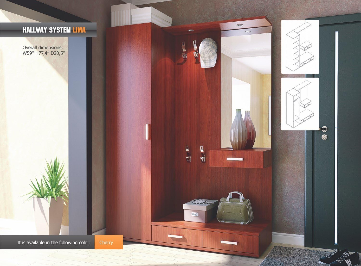 Modern Entryway Organaizer LIMA with Mirror Coat Hooks Storage in Cherry