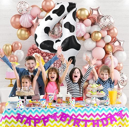 Miniatura 3 de Globo de cumpleaños número 4 con estampado de vaca, 40 pulgadas, papel de aluminio de Mylar blanco y negro para decoración de fiesta de vaquera con