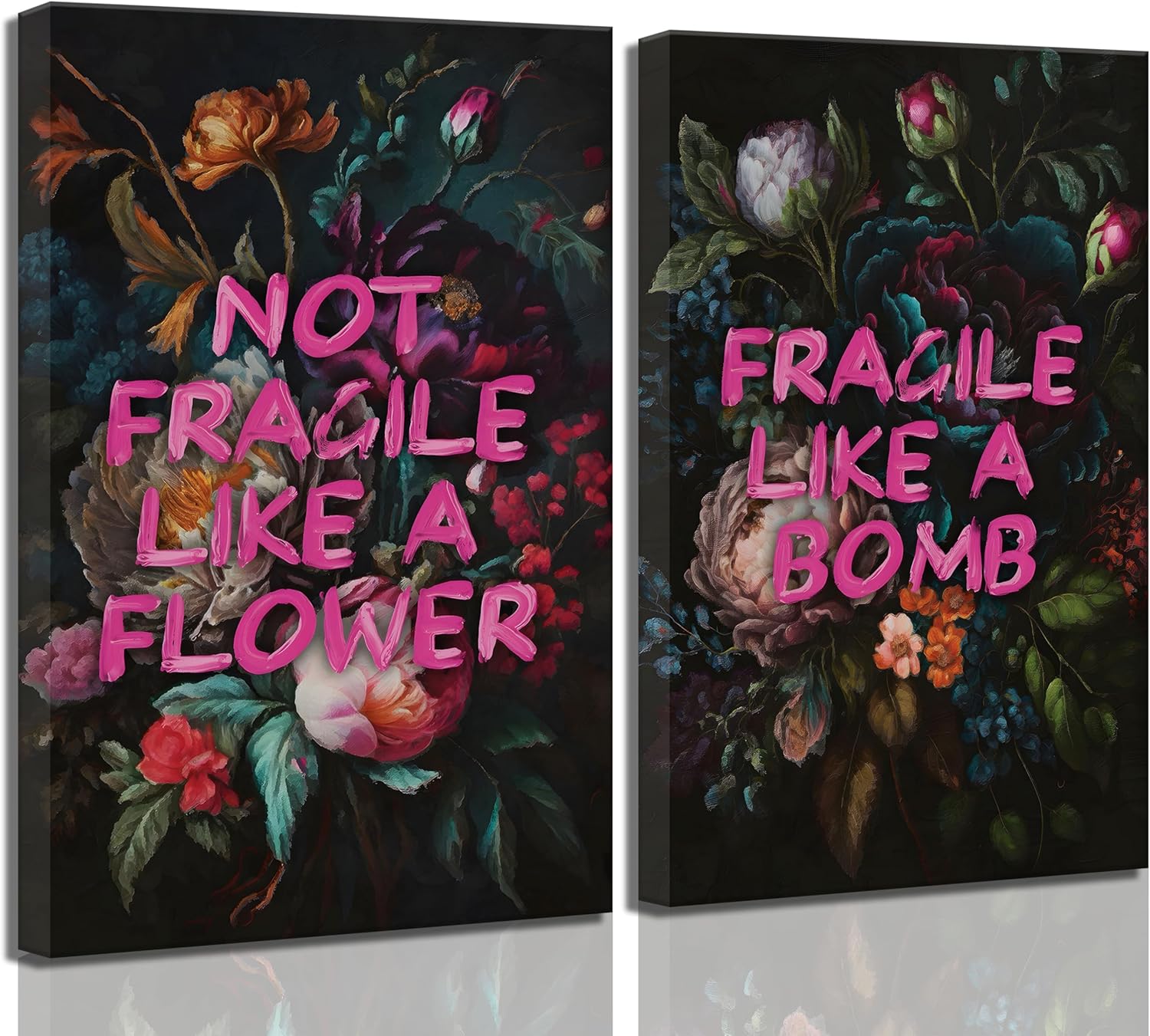 2Pcs Moody Vintage Floral Canvas Wall Art Dark Academy Feminism Quotes Dark Flowers Botanical Painting Picture Wall Decor Poster Print Artwork for Woman Bedroom Apartment Home Decoration