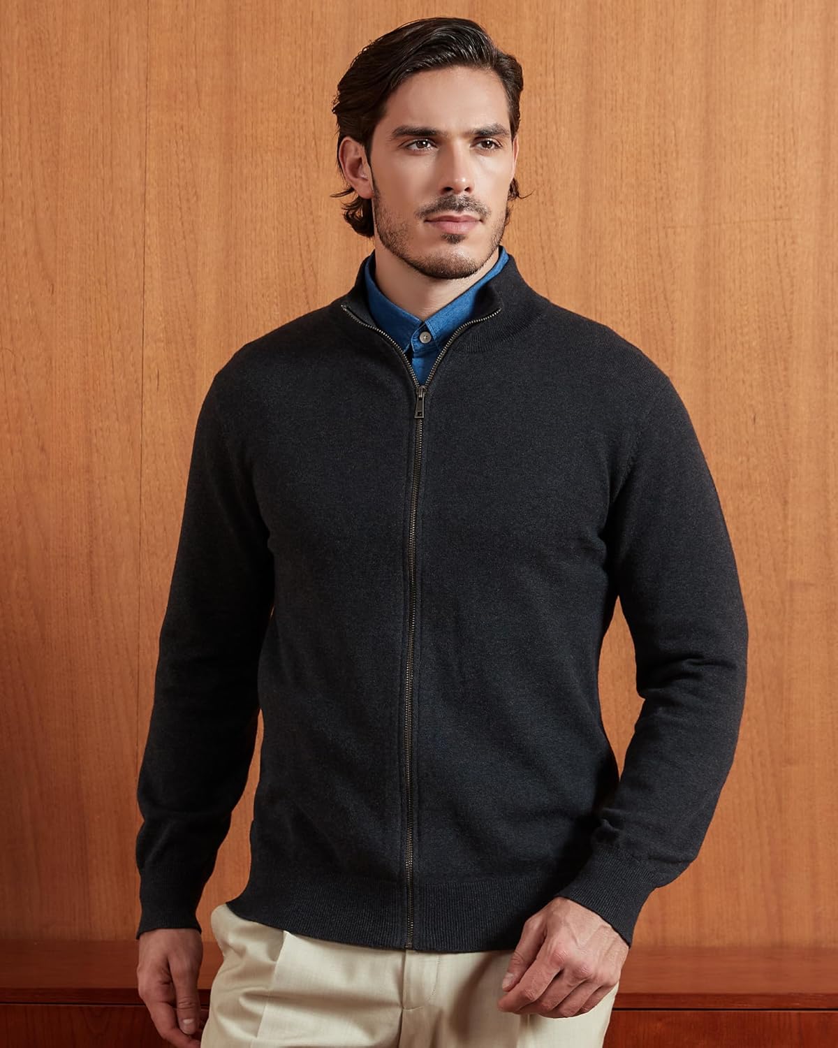 Kallspin Men's Full Zip Up Sweater Cardigan Pure Cotton Stand Collar Sweater Classic Lightweight Cardigan - Image 2