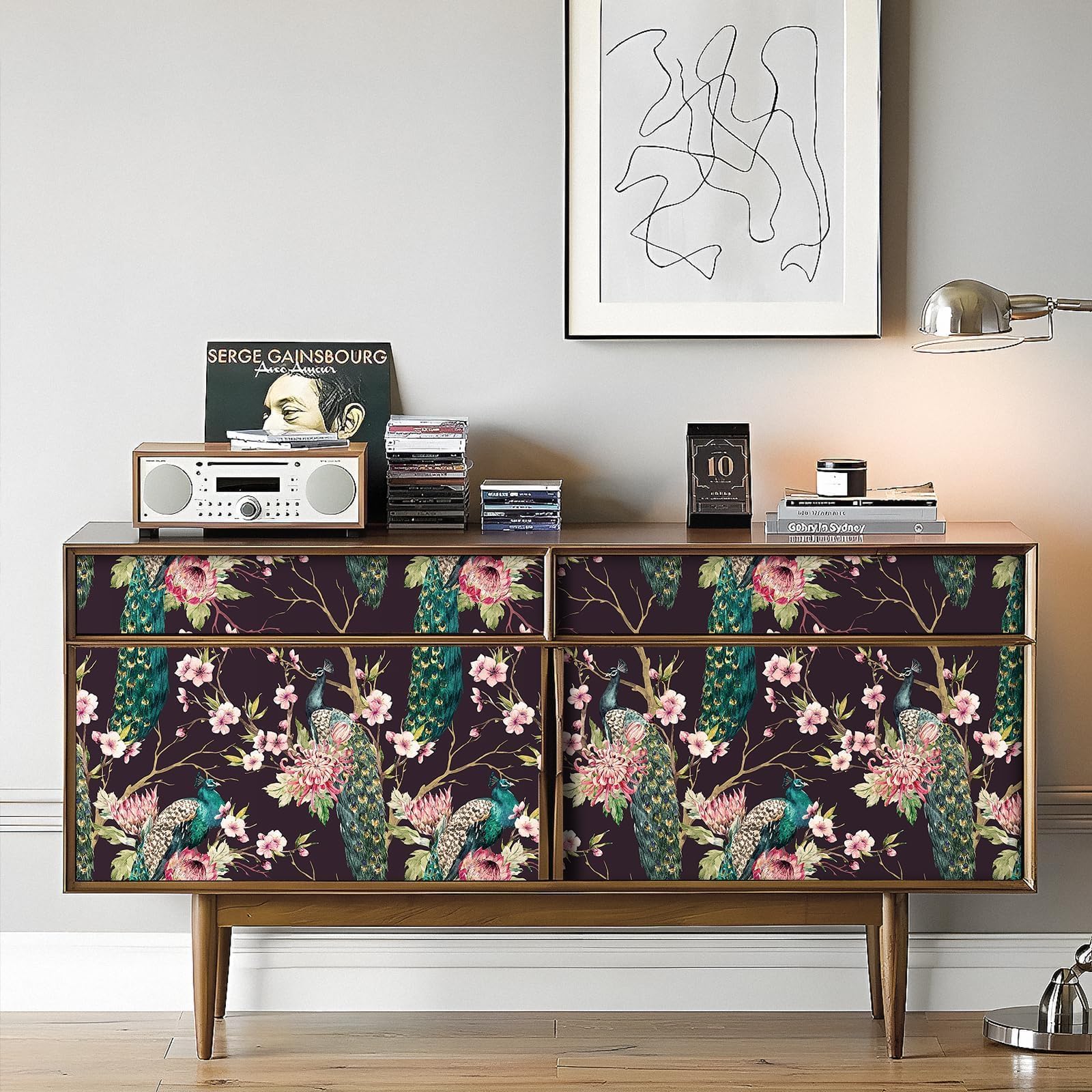 Decotalk Tapeta kwiatowa, samoprzylepna, różowa, kwiat brzoskwini i paw, tapeta ścienna, 44,5 x 900 cm, orientalny styl, samoprzylepna, tapeta różowa, kwiaty, do sypialni, folia meblowa do szafek
