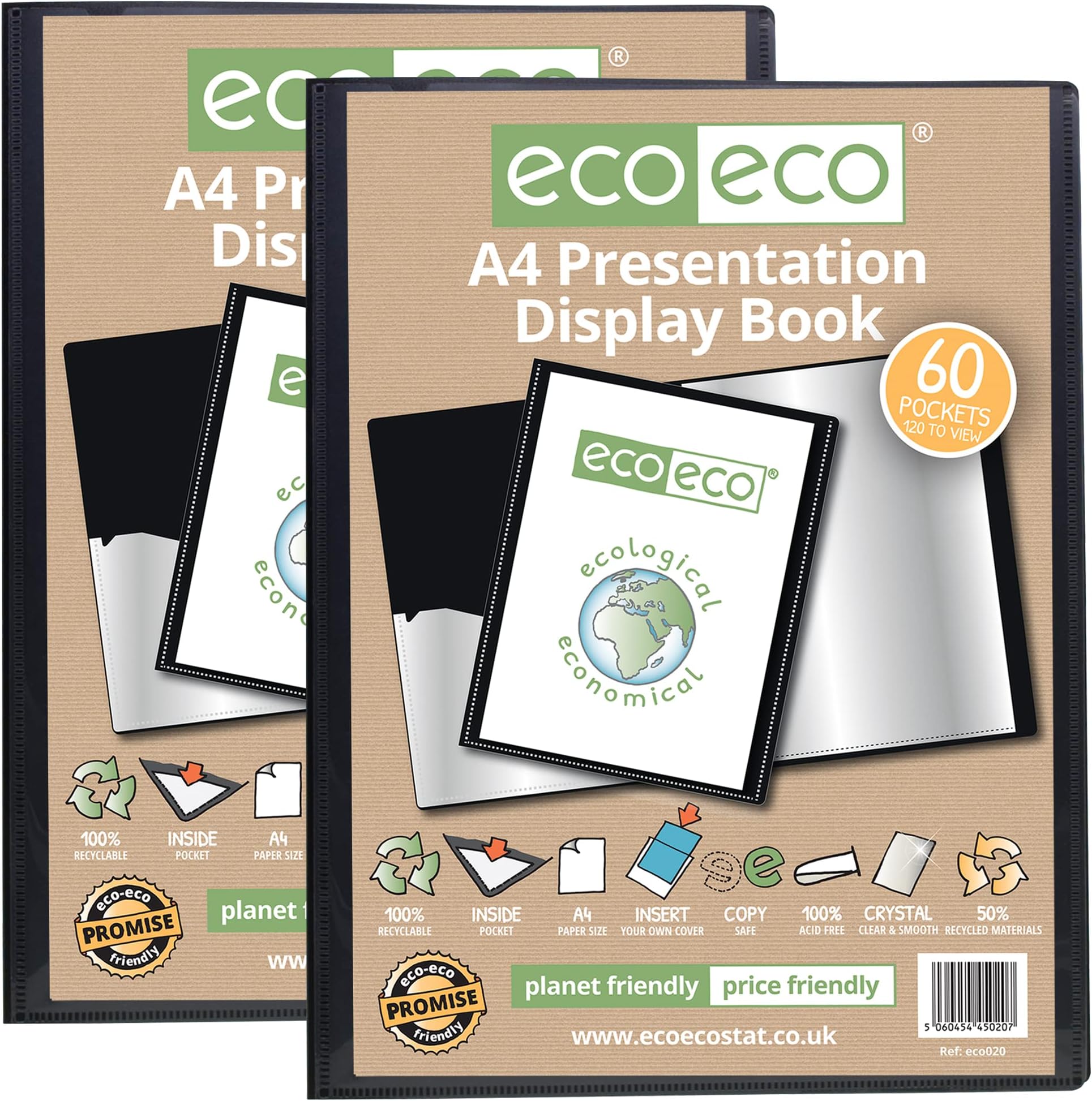 eco-eco A4 Size 50% Recycled 60 Pocket Black Presentation Display Book, Storage Case Portfolio Art Folder with Plastic Sleeves, (Pack of 2), eco020x2