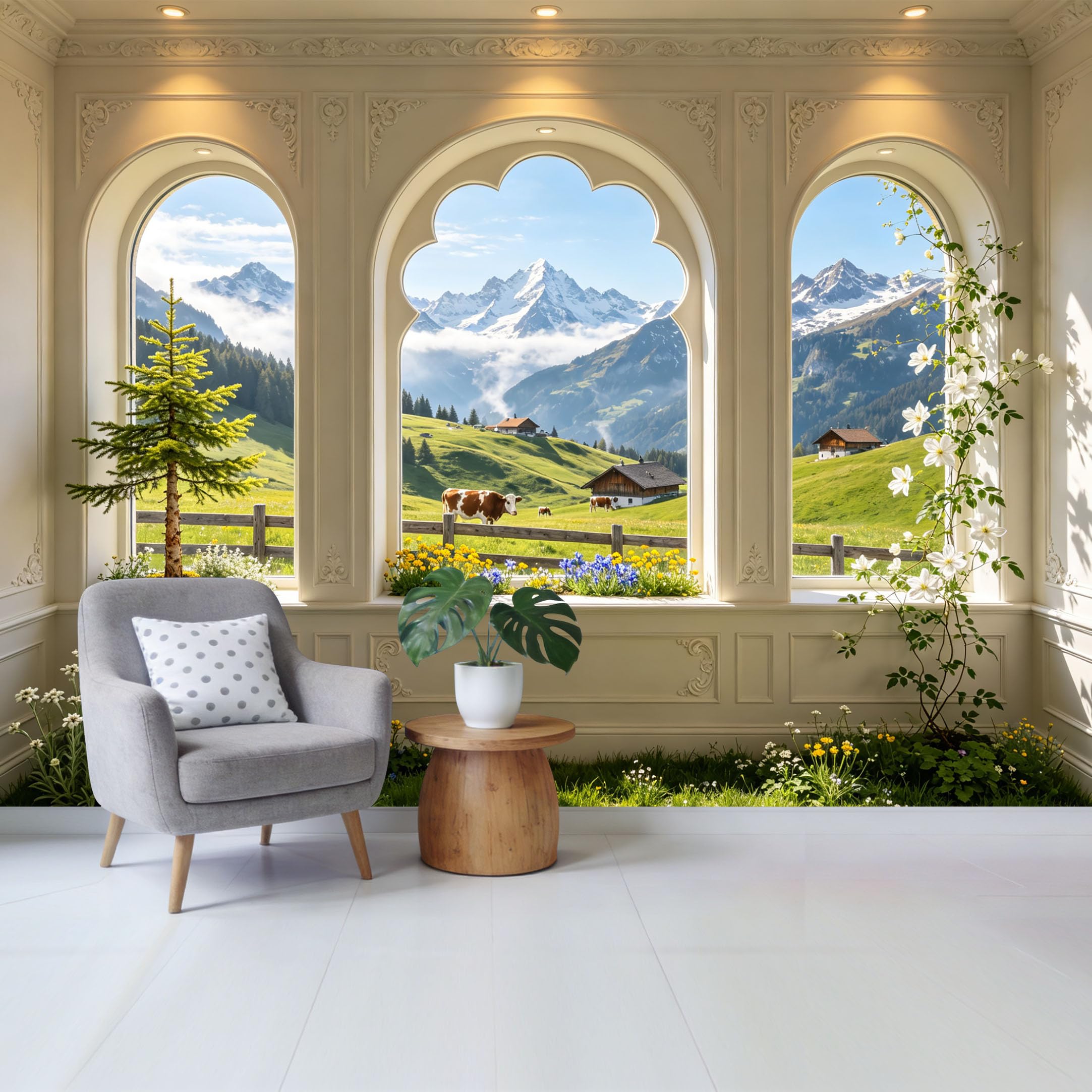 Removable Self Adhesive Fabric Mural， Alpine Mountain Landscape Meadow Custom Size Wall Covering， UV Protected Waterproof Washable Wall Decor for Living Room Bedroom Bathroom