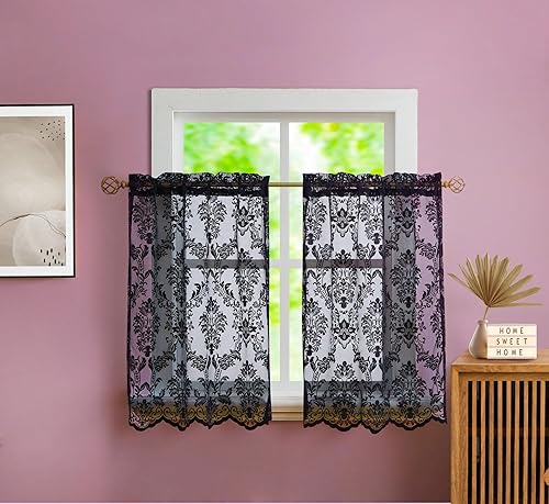 Warm Home Designs Par de cortinas de cocina de 30 pulgadas de ancho x 45 pulgadas de largo de punto negro con patrón de flores encantadoras. Añade