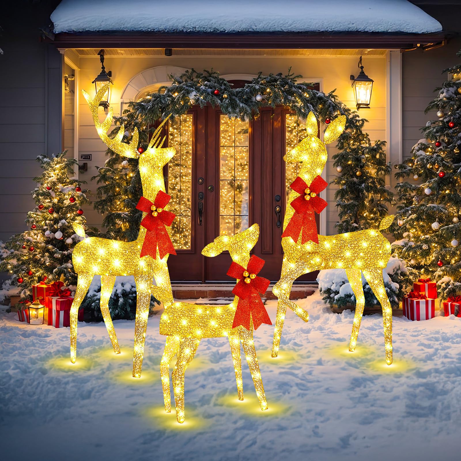 3 Pcs 5 ft Large Lighted Reindeer Family Set for Christmas Decoration Giant 3D Deer with 340 Warm LED Lights Christmas Xmas Holiday Outdoor Yard Garden Lawn Decoration (Gold)