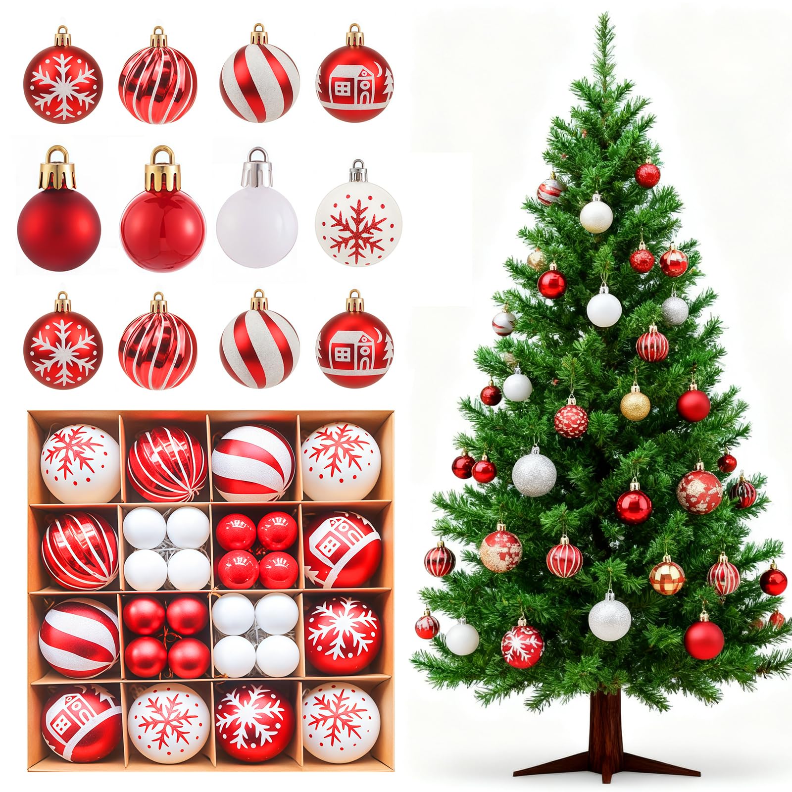 Lot 44 boules de Noël rouge et blanc en plastique incassable pour protéger votre décoration