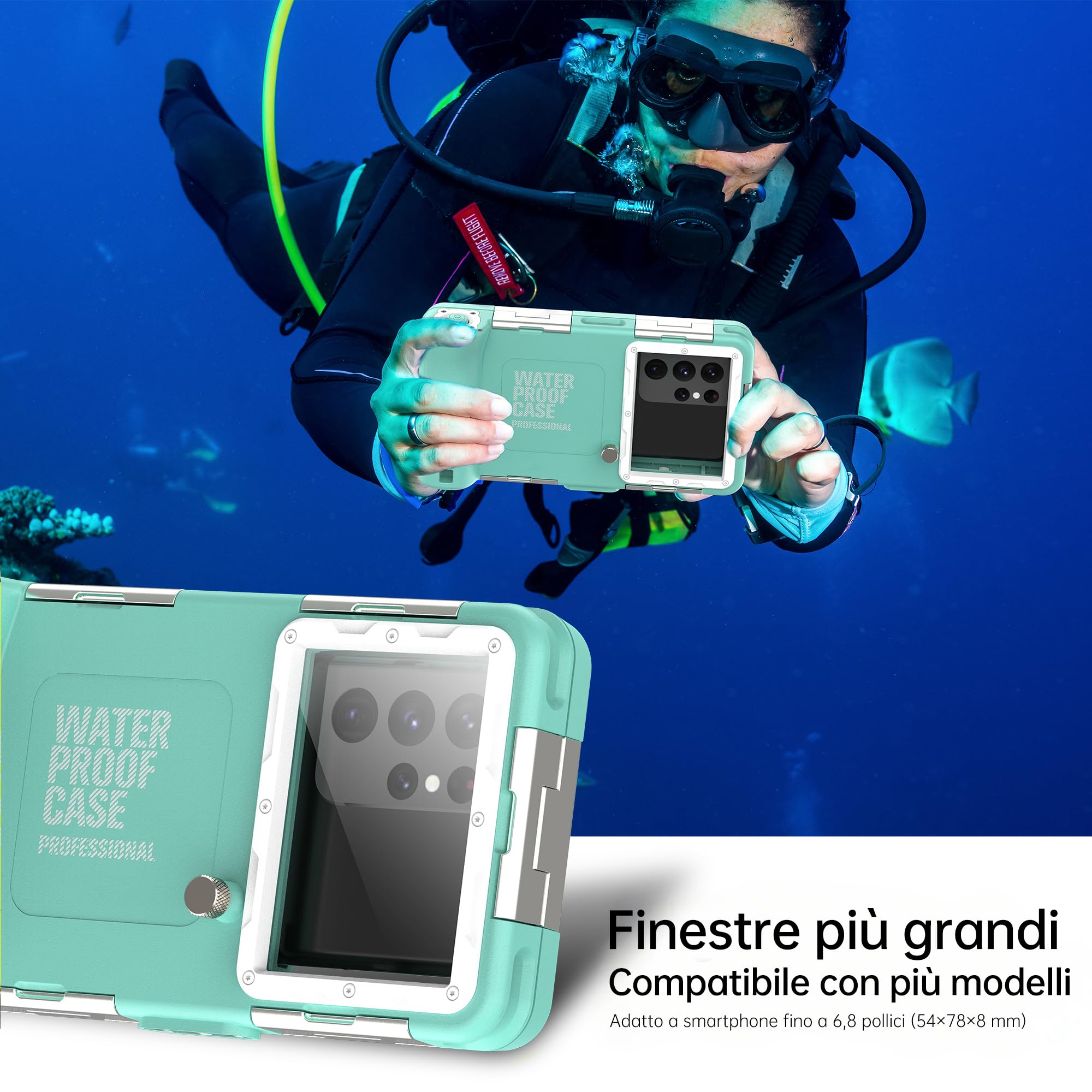 Custodia Impermeabile Subacquea Professionale IP68 15M - Compatibile con iPhone, Samsung, Huawei, Xiaomi - Fino a 6,9 Pollici - Per Immersioni, Snorkeling, Surf e Nuoto (verde blu)