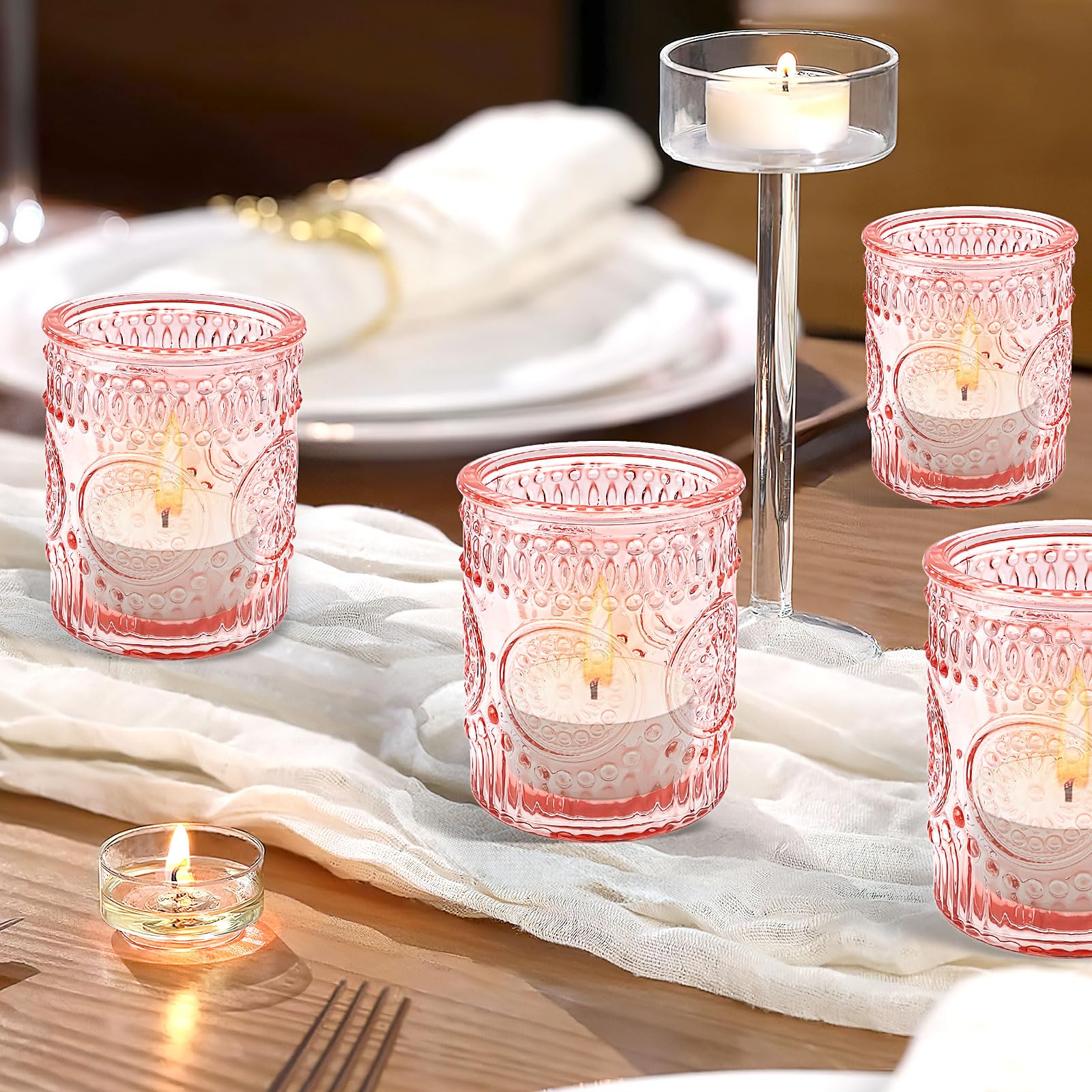 Lot de 24 Rose Photophores en Verre – Bougeoirs Vintage pour Bougies Chauffe-Plat, Déco de Table pour Mariage, Anniversaire, Maison, Fête et Centre de Table (Pilier)