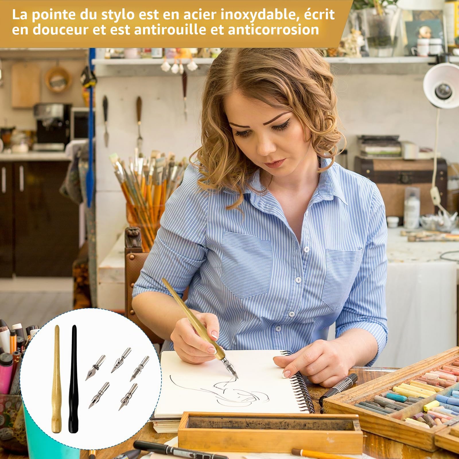 kit Calligraphie Plume avec 2 Porte-stylos Dip et 10 Plumes en Acier Inoxydable, Set écriture Artistique pour Dessin Manga Calligraphie débutant et Artiste confirmé, poignée Bois Ergonomique