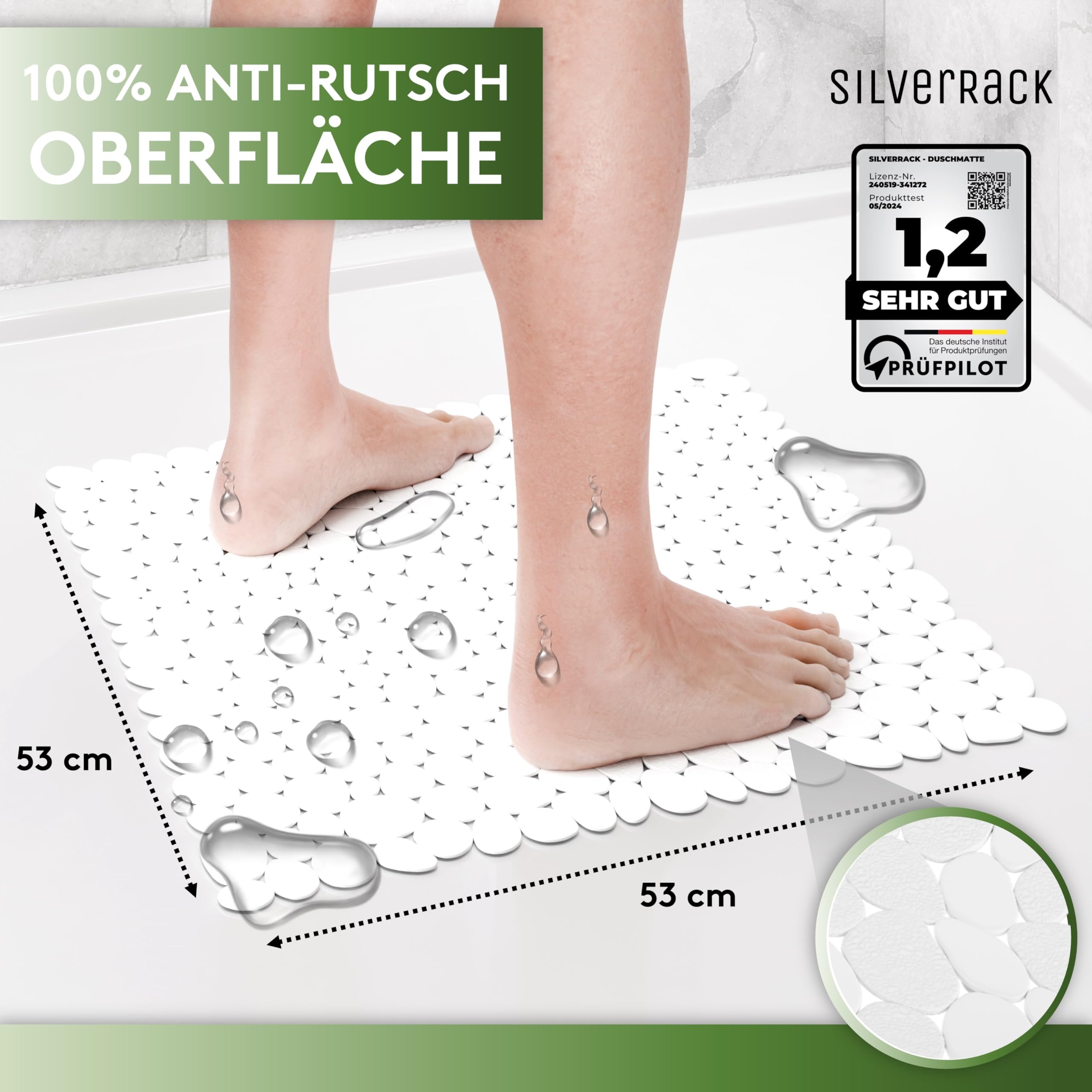 SilverRack DermaSensitivo Tapis de douche antidérapant 53 x cm blanc effet galets sans BPA