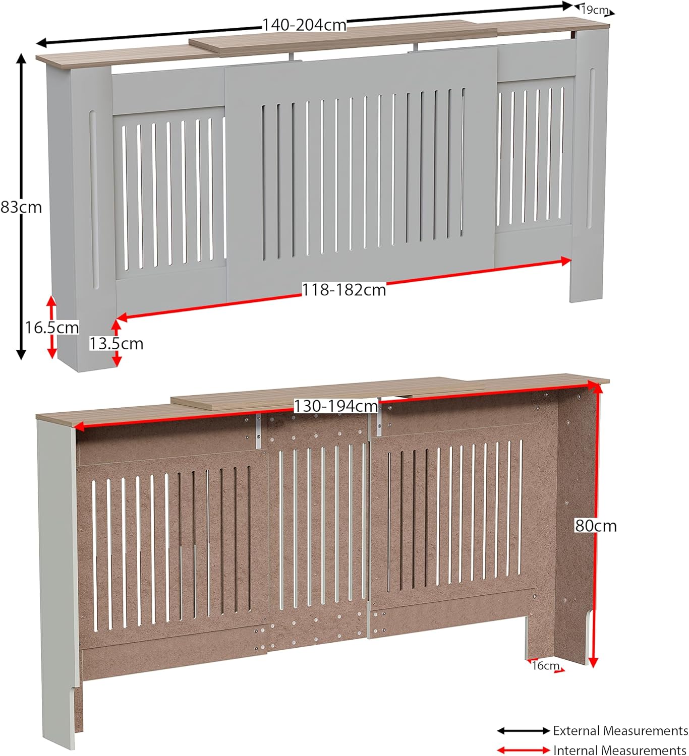 Diagram showing external and internal dimensions of the Vida Designs Arlington Adjustable Radiator Cover.