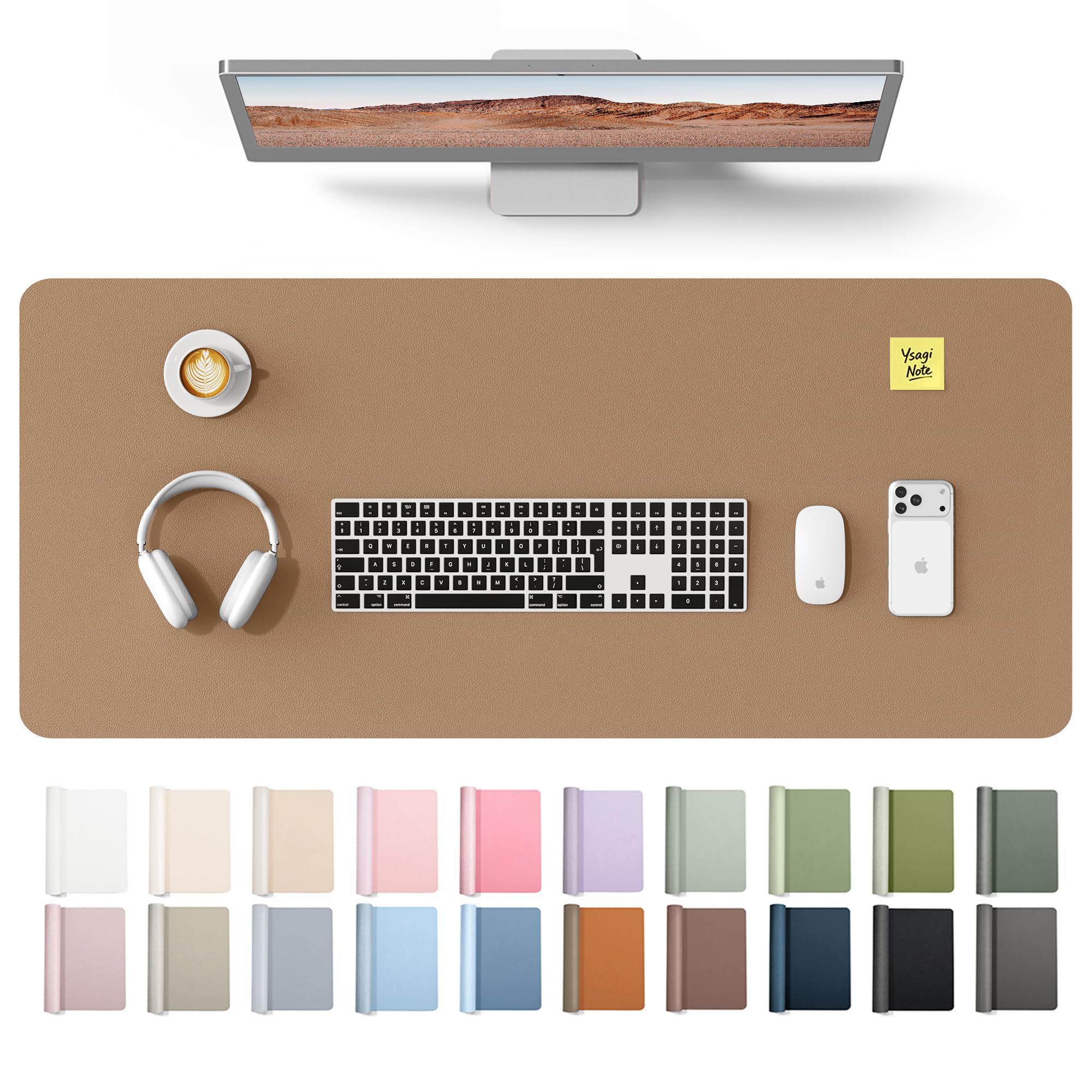 YSAGi Leather Desk Protector, Office Mat, Large Mouse Mat, Non-Slip PU Leather Blotter, Laptop Desk Mat, Waterproof Writing Pad for Office and Home(Khaki, 42" x 17.2")