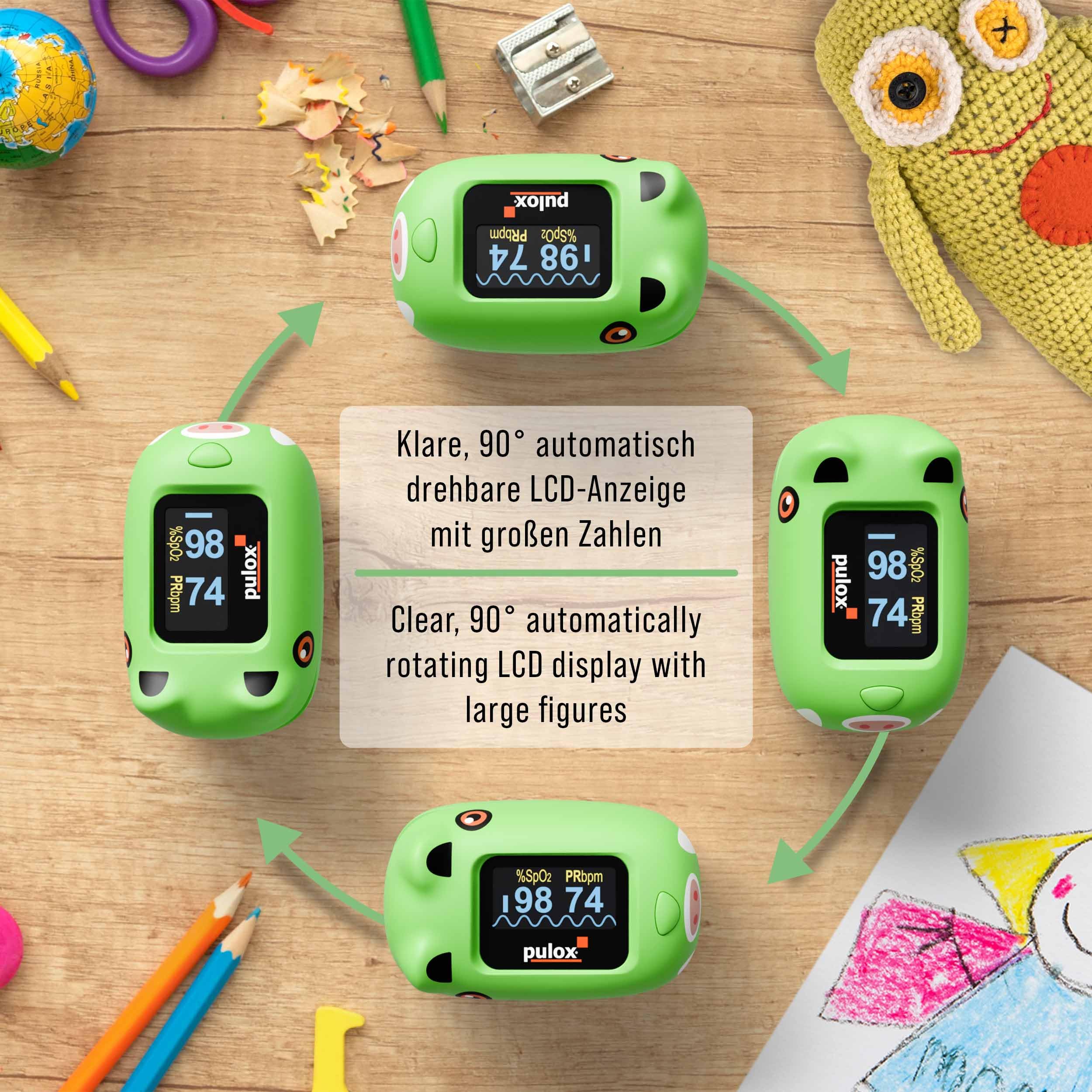 Pulox PO-230 Kinder Pulsoximeter Grün zur Messung von SpO2 und Puls | Misst Sauerstoffsättigung und Herzfrequenz in wenigen Sekunden, inklusive Sticker zum individuellen Bekleben und Gestalten