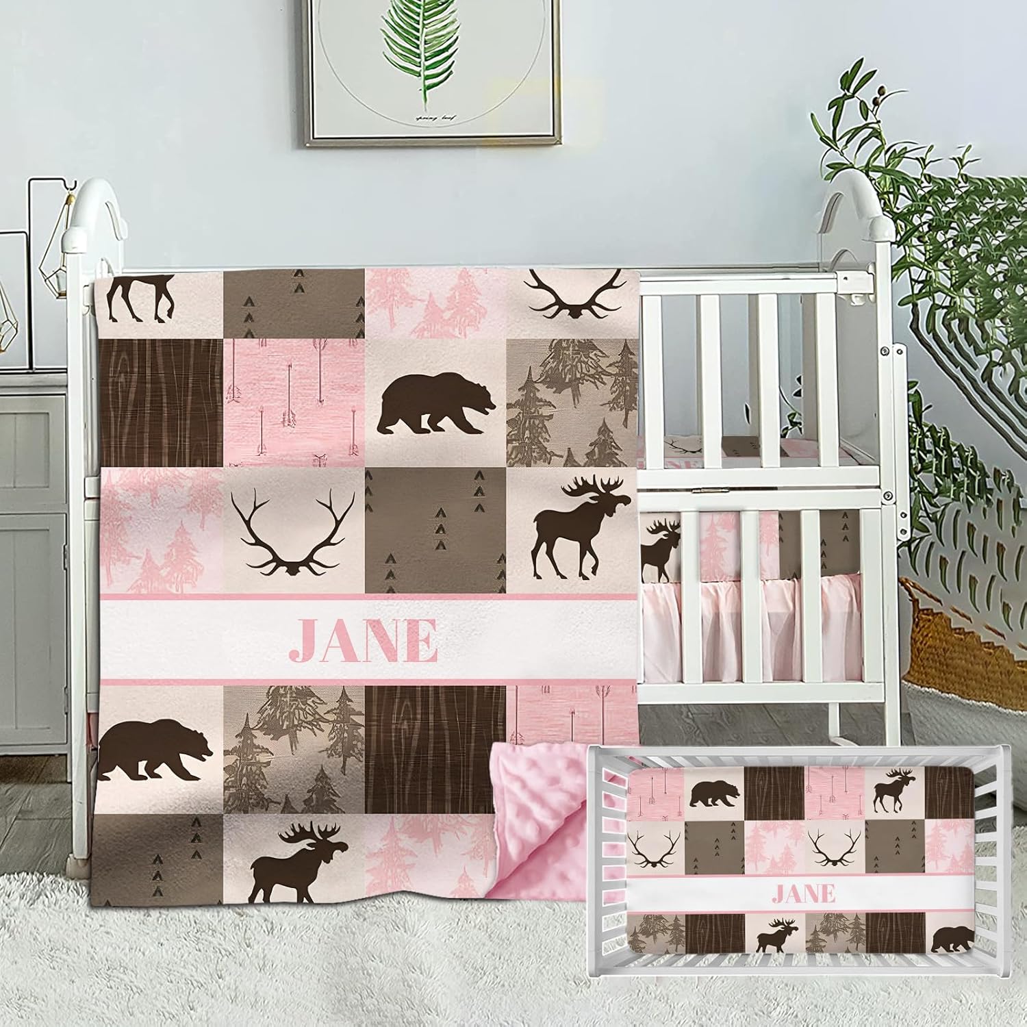 Personalized Crib Bedding Sets for Baby Girl, Custom Baby Crib Bedding Set with Name, Woodland Moose Bear Pink Nursery Bedding, 2 Piece Crib Bedding Set, Crib Comforter, Crib Fitted Sheets for Baby