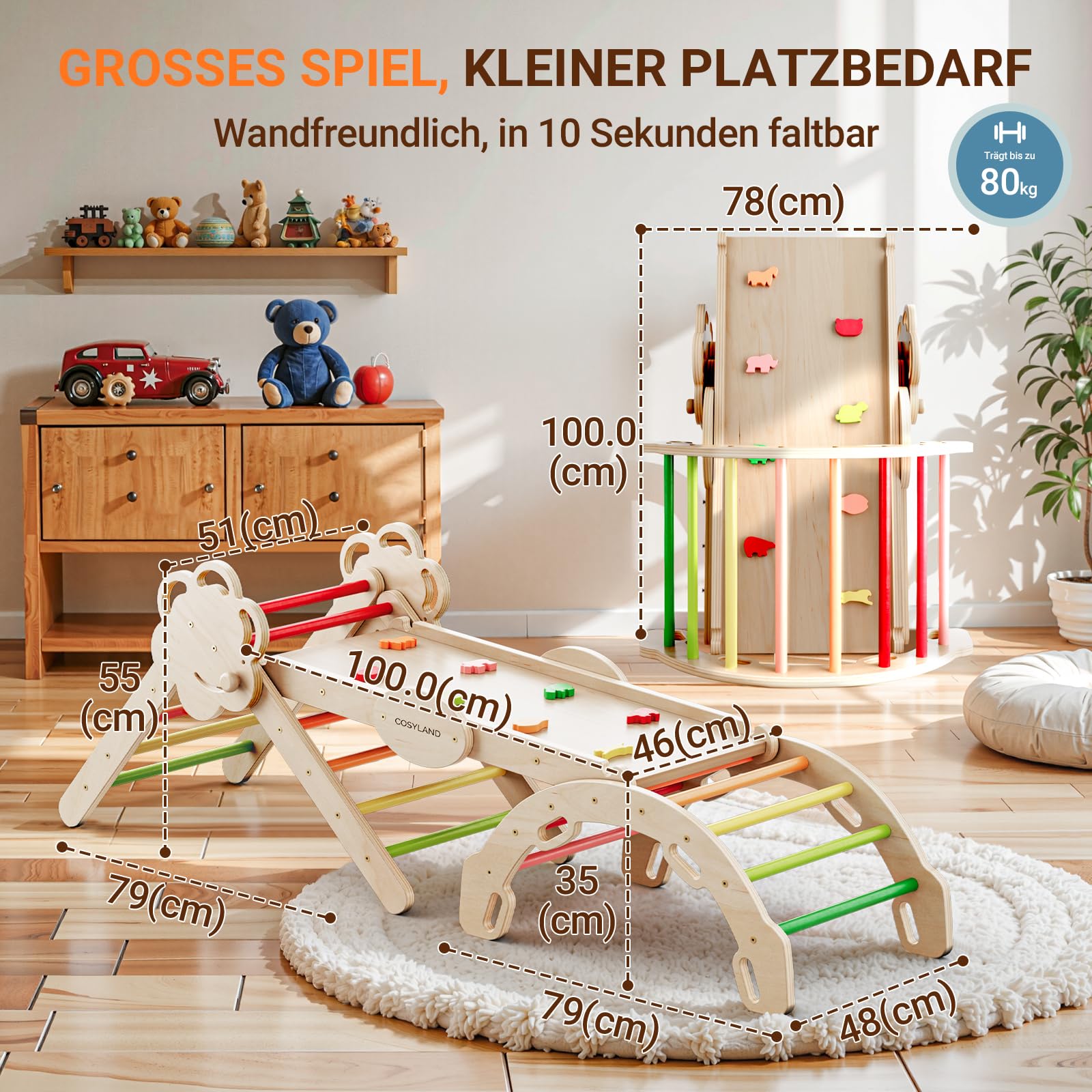 COSYLAND Klettergerüst Indoor L - Montessori Indoor Spielset mit Kletterbogen & Rutsche -8-in-1 Massivholz-Spielplatz - Kletterbogen ab 1 Jahr - Warmfarben