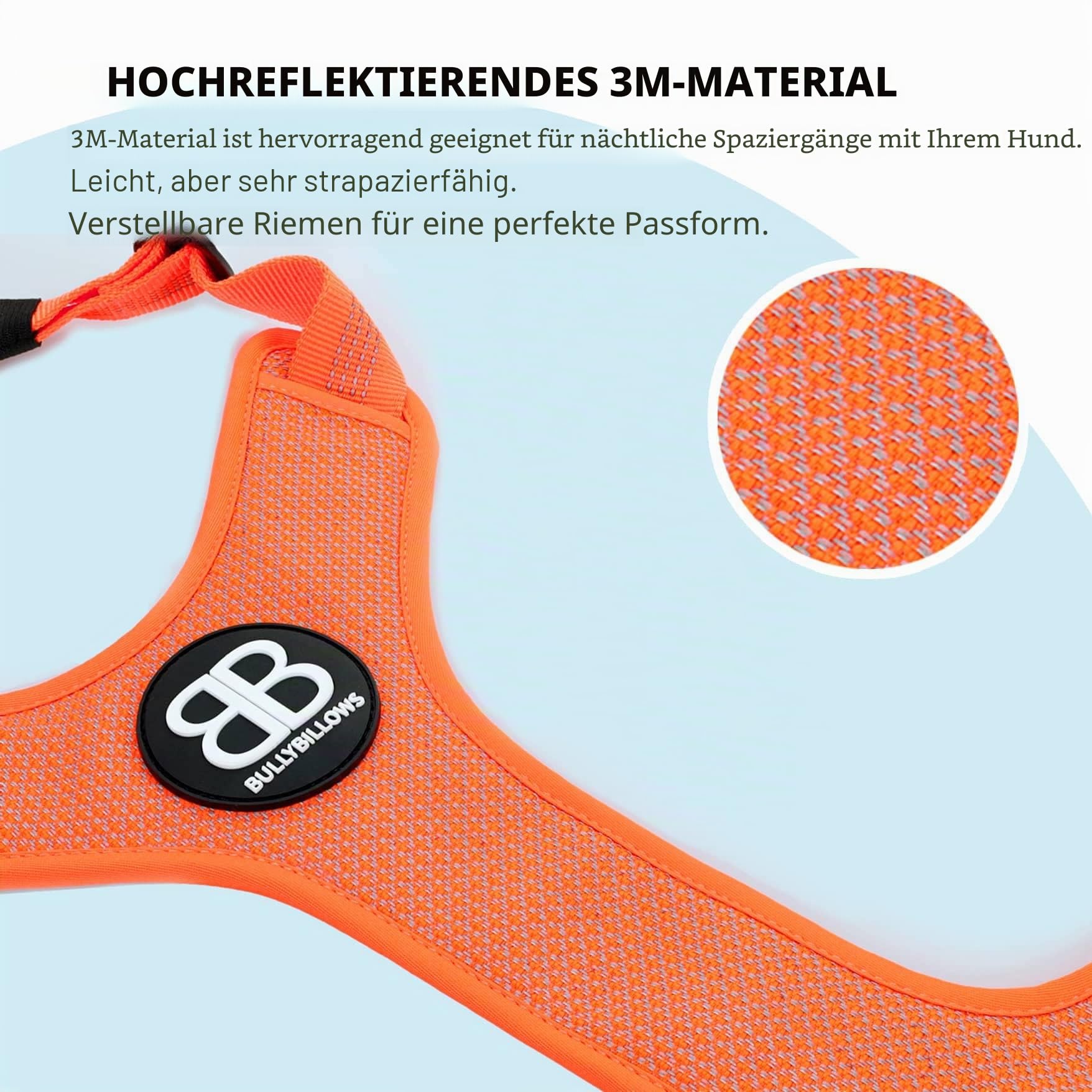 BullyBillows Active Light Hundegeschirr mit Griff | Premium-Geschirr mit gepolstertem Innenfutter & hochreflektierendem Design | Geeignet für alle Hunderassen | Orange |Klein
