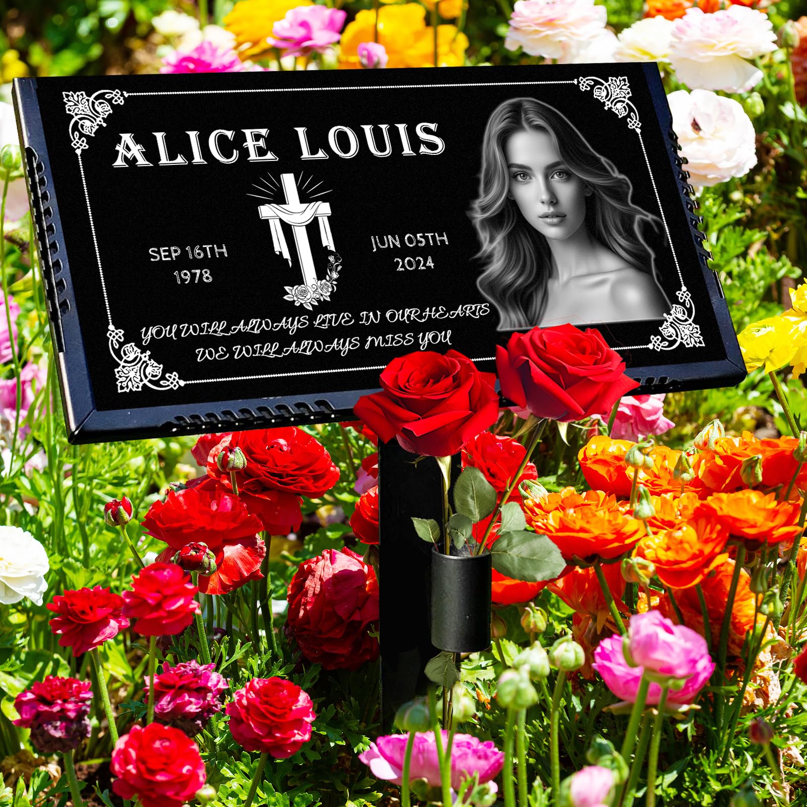 Headstones for Grave Markers for Cemetery for Humans,Memorial Plaques for Outdoors,Granite Headstone for Loved Ones Outside,Tombstones for Graves,Personalized Garden Stone with Photo (Female version)