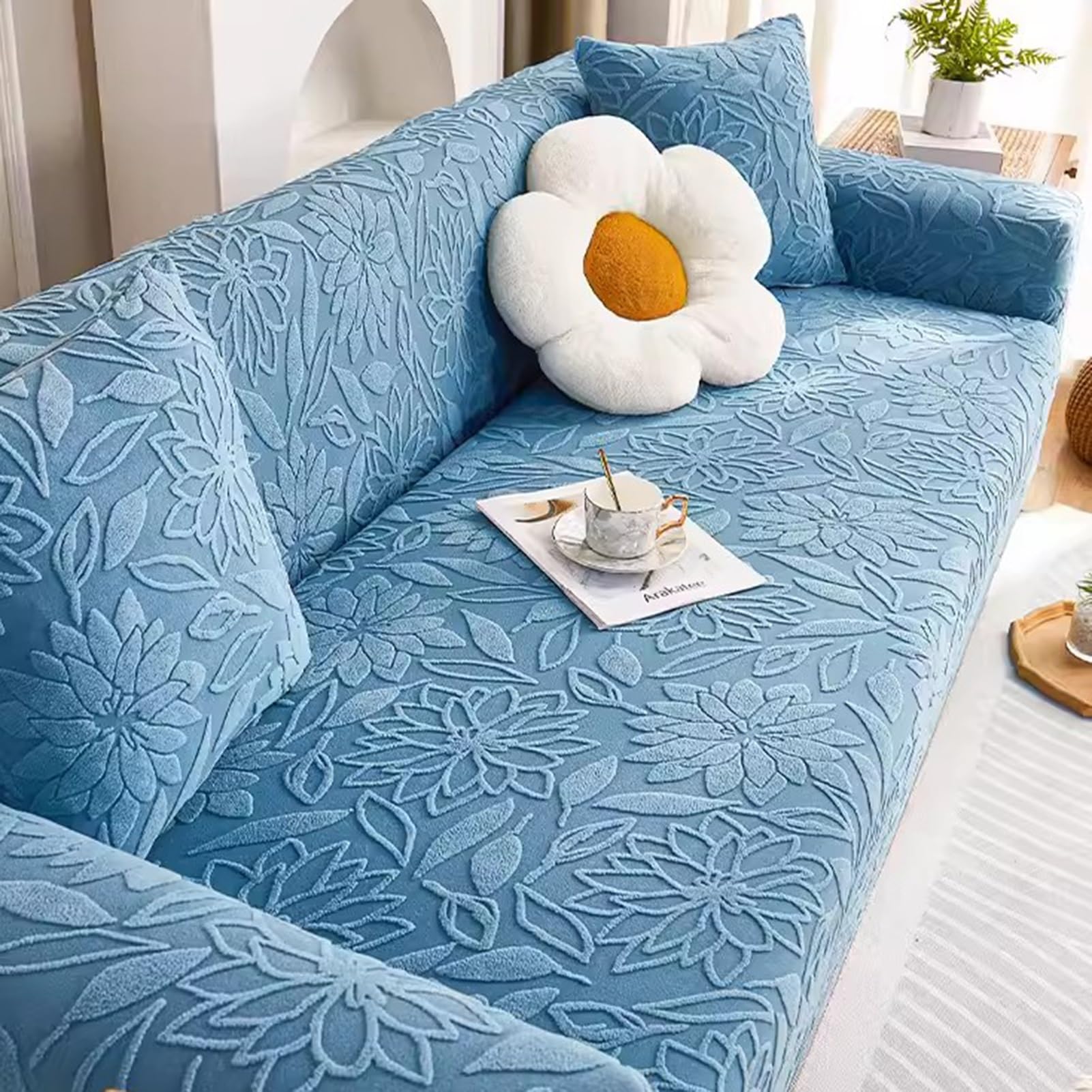 Housse de canapé intégrale extensible bleue 5 places anti-chat