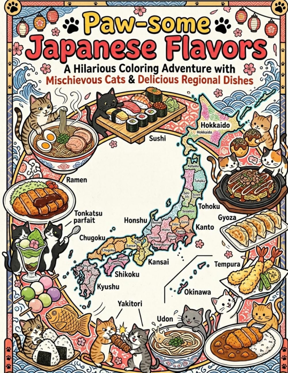 Paw-some Japanese Flavors: A Hilarious Coloring Adventure with Mischievous Cats & Delicious Regional Dishes