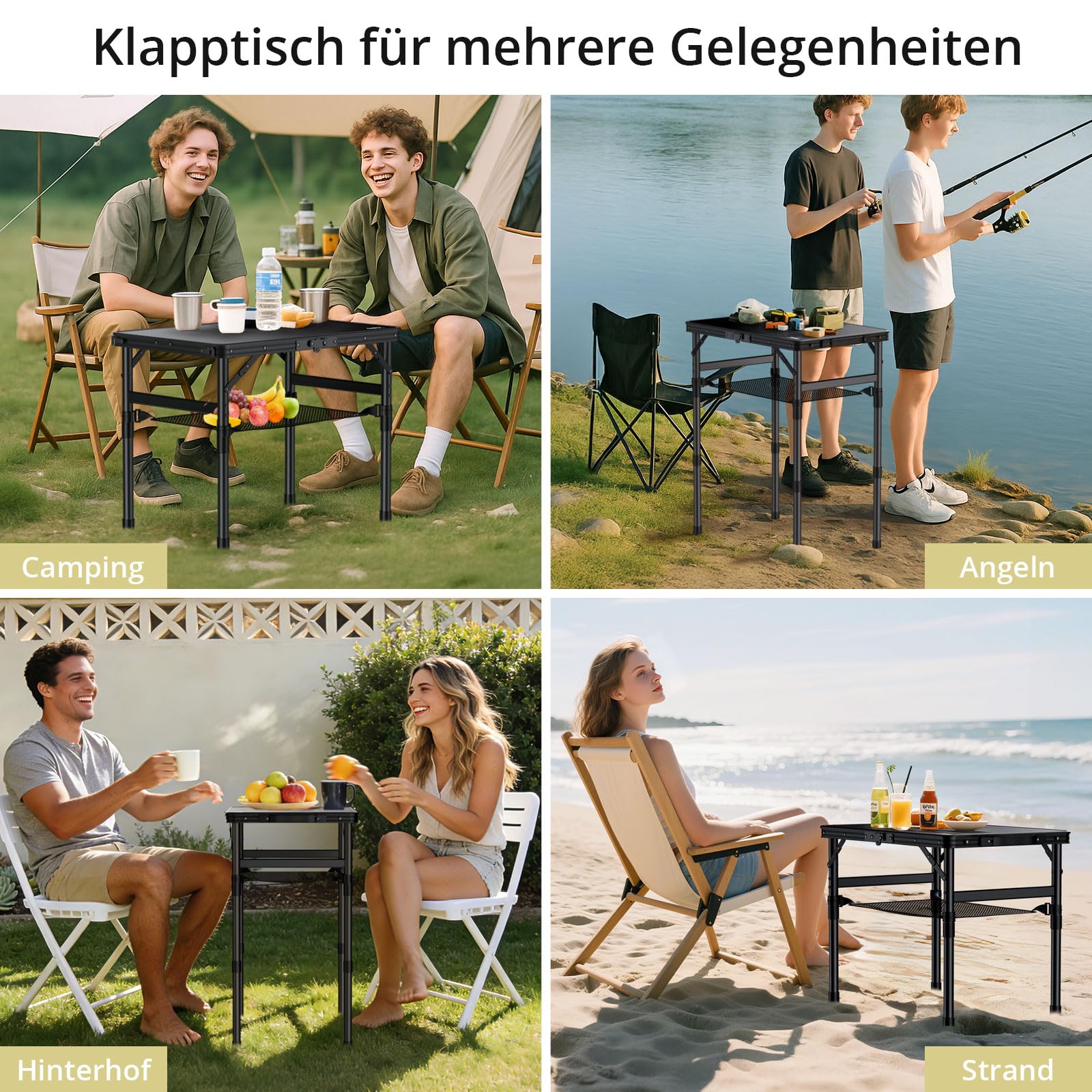 Anbte Campingtisch Klappbar 58x40cm Aluminium-Rahmen & Kunststoff-Tischplatte mit 3 Höhen Verstellbar 26/48/70cm Picknicktisch mit Aufbewahrungsnetz Klapptisch für Garten Balkon (Ganz Schwarz)