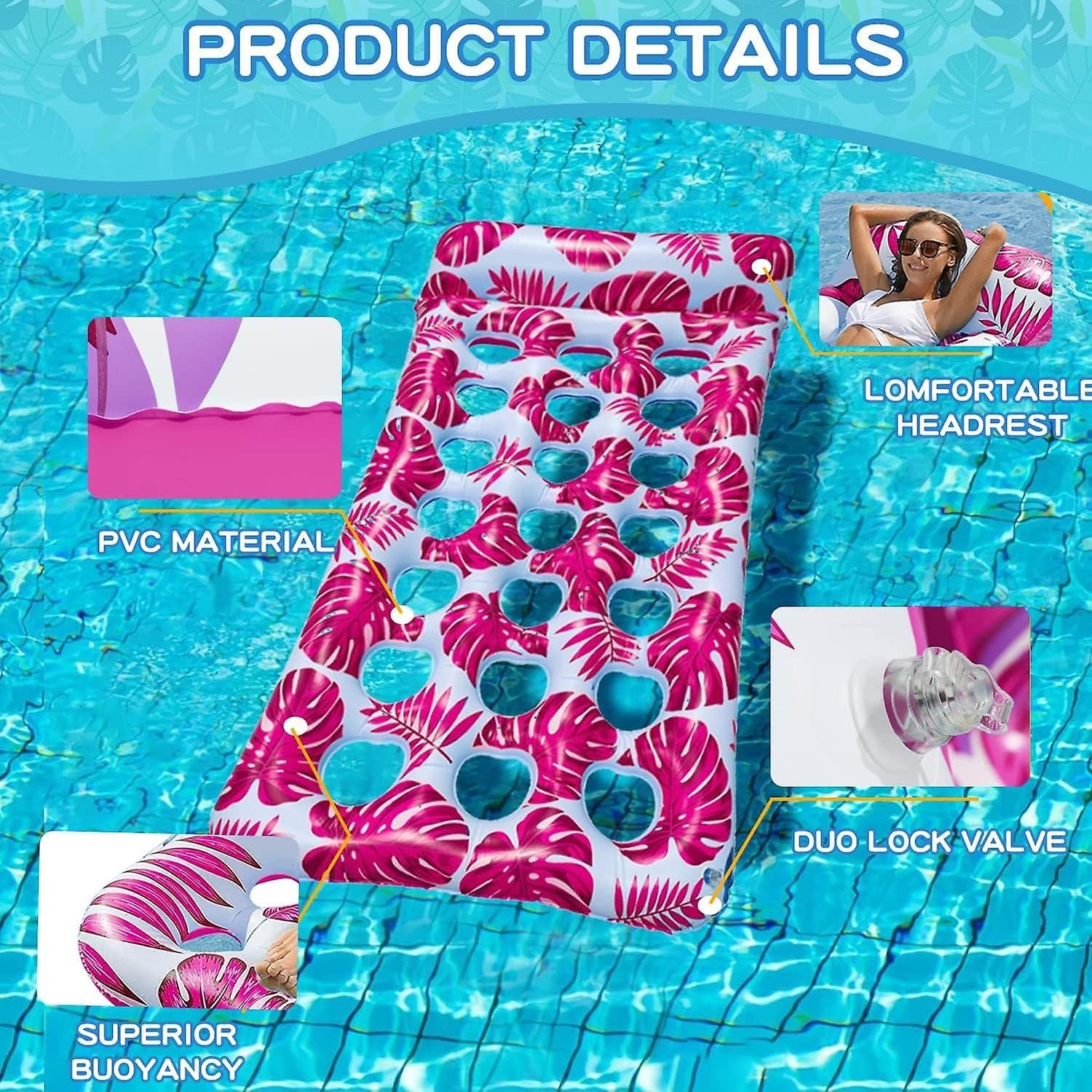 Hamacs de piscine gonflables pour adultes, chaise longue flottante 4 en 1 avec appuie-tête, hamac à eau en PVC, chaise flottante de piscine d'été, 165 × 83 cm