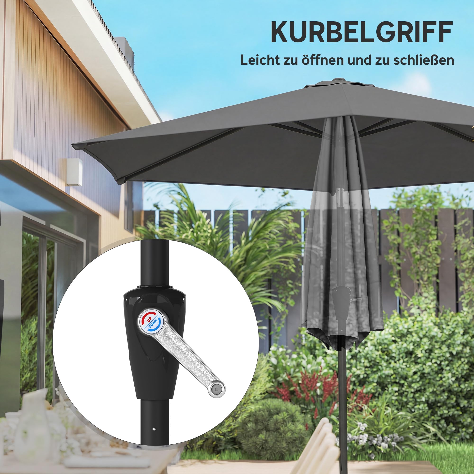 Outsunny Parasol Ø270 cm Regulowany Balkonowy z Korbką UV 50+ Ogrodowy Stabilny Markiz Przeciwsłoneczny na Taras Balkon Ciemnoszary