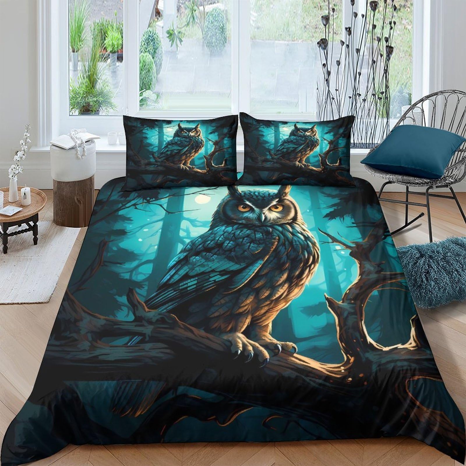 Ctjqhvkz Style-2 3D Printed Forest Owl Fitted Sheet Microfiber Soft Breathable Dark Night Mattress Cover Bedroom Decor Single（135X200cm）