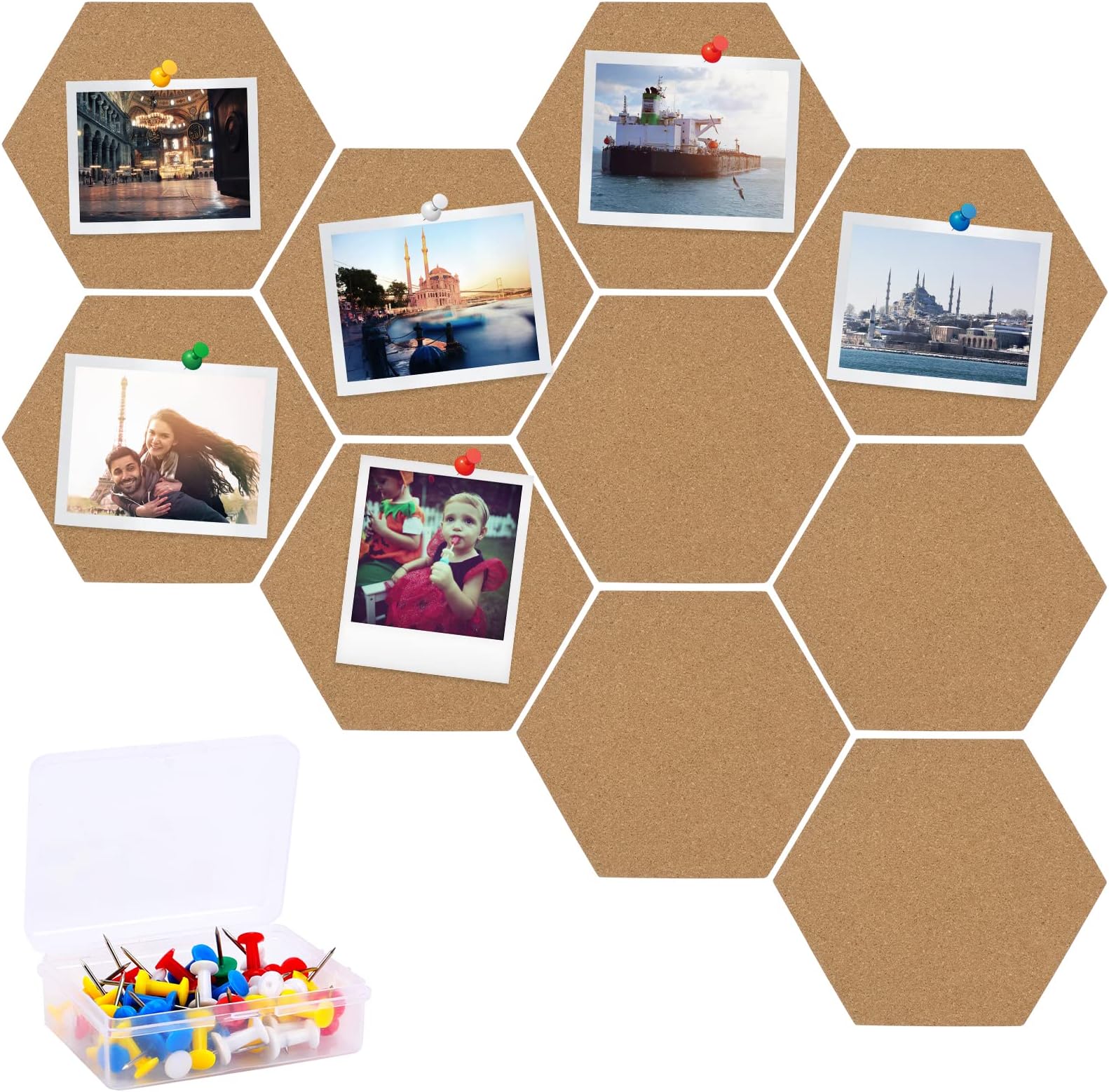 10Pcs Hexagon Cork Boards, Self-Adhesive DIY Notice Board Hexagon Cork Notice Boards with 50Pcs Colorful Pins for Home Office School