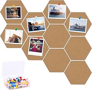 TOTSUN 10Pcs Hexagon Cork Boards, Self-Adhesive DIY Notice Board Hexagon Cork Notice Boards with 50Pcs Colorful Pins for Home Office School