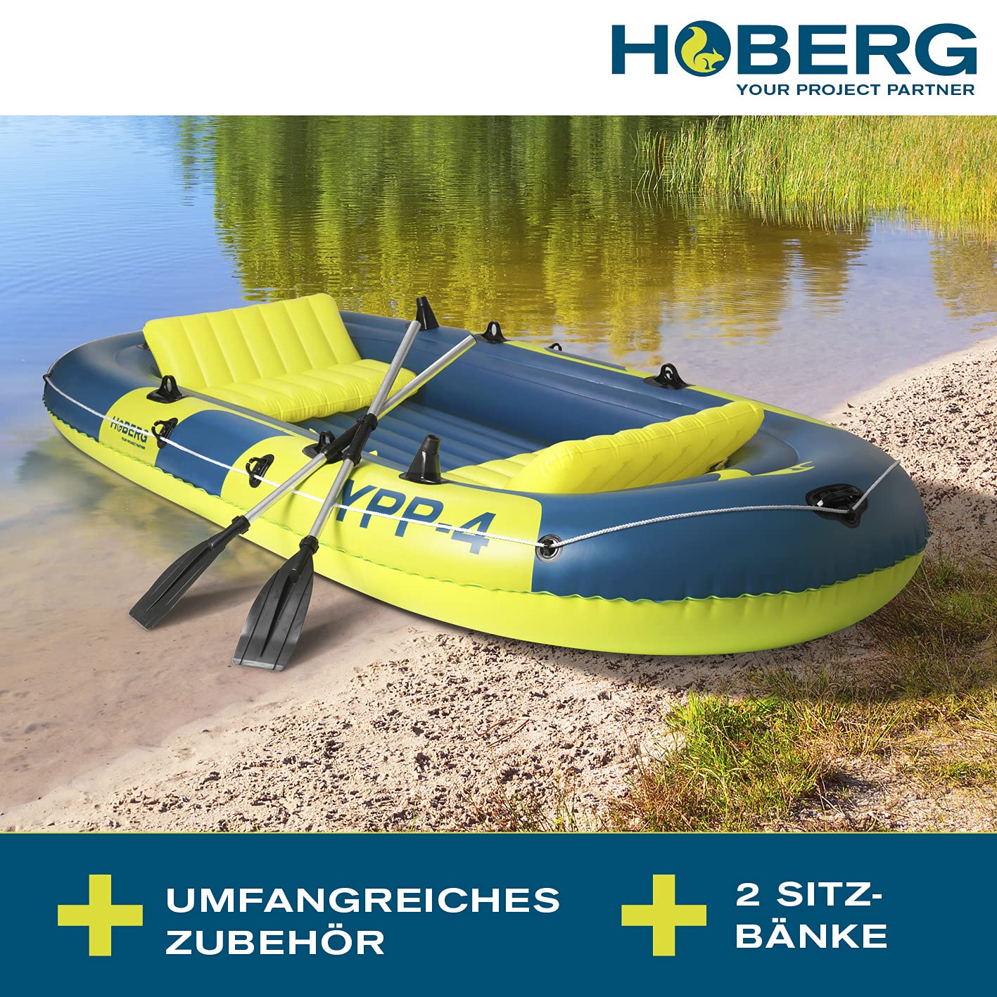 Hoberg Schlauchboot 4-Sitzer YPP-4" | Für 4 Personen | Maße 322 x 165 cm & bis 360 kg belastbar | Mit 2 Sitzbänken, 2 Paddeln, Pumpe, Reparatur-Kit, 2 Angelhalterungen & weiterem Zubehör [Blau/Gelb]