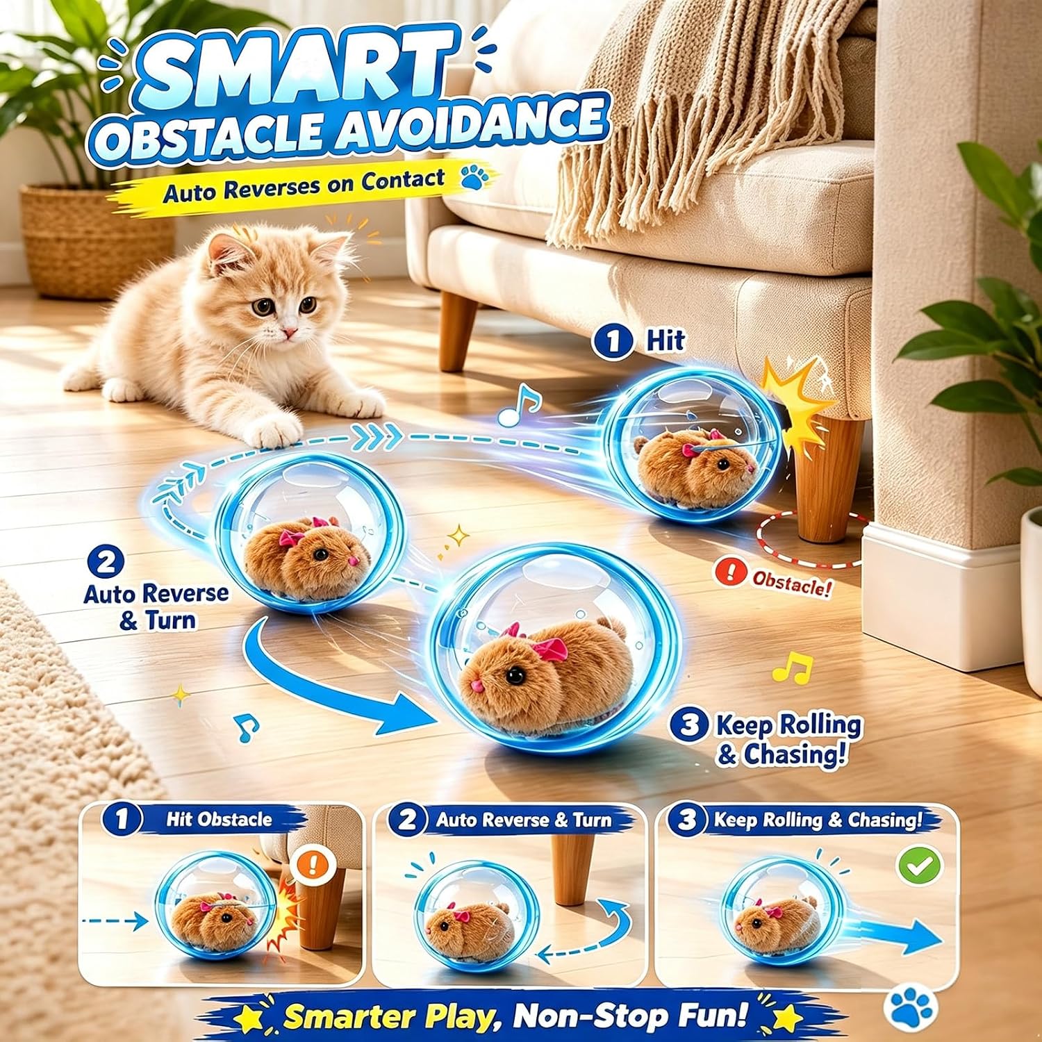 2026 New Self-Rolling Interactive Cat Ball,Realistic Animal Automatic Moving Toy,360° Spin Chasing Ball with Plush Animal Inside,Fun Indoor Interactive Pet Balls for Cats & Dogs(No Battery)