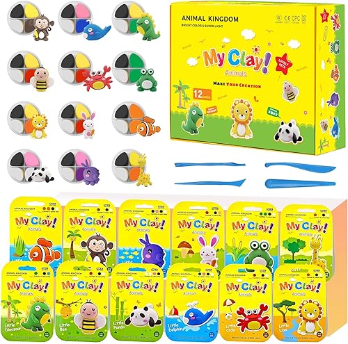 Miniatura 8 de Juego de arcilla mágica para modelar, kit de arcilla seca al aire para niños con herramientas de escultura y tutoriales, 12 cajas de animales,