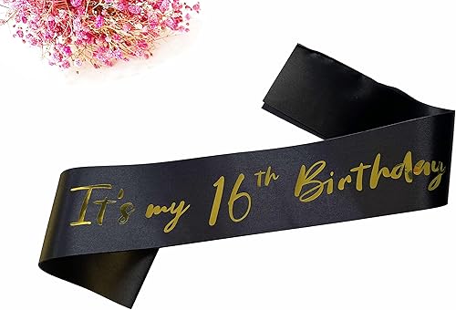 Miniatura 6 de Banda de cumpleaños número 16, bandas suaves de satén negro con letras de papel de aluminio dorado, decoración de banda de cumpleaños número 16,