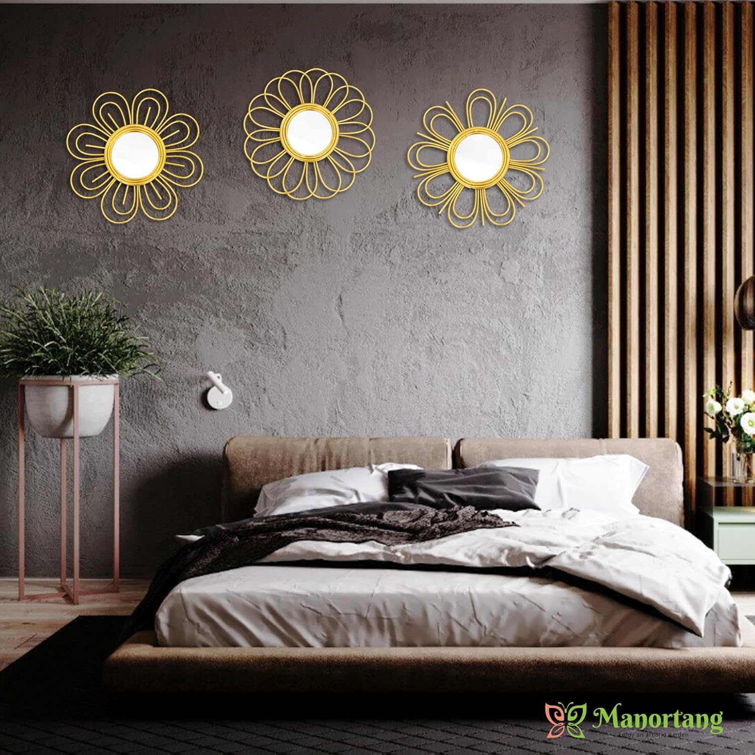 Gold Mirrors 3 Piece, 9 inch Flower-Shaped Mirror Hanging Wall Decor, Valentine Decorative Mirror Wall Art, Round Mirrors for Bedroom,Living Room,Bathroom, House Warming Valentine Gifts - Image 3