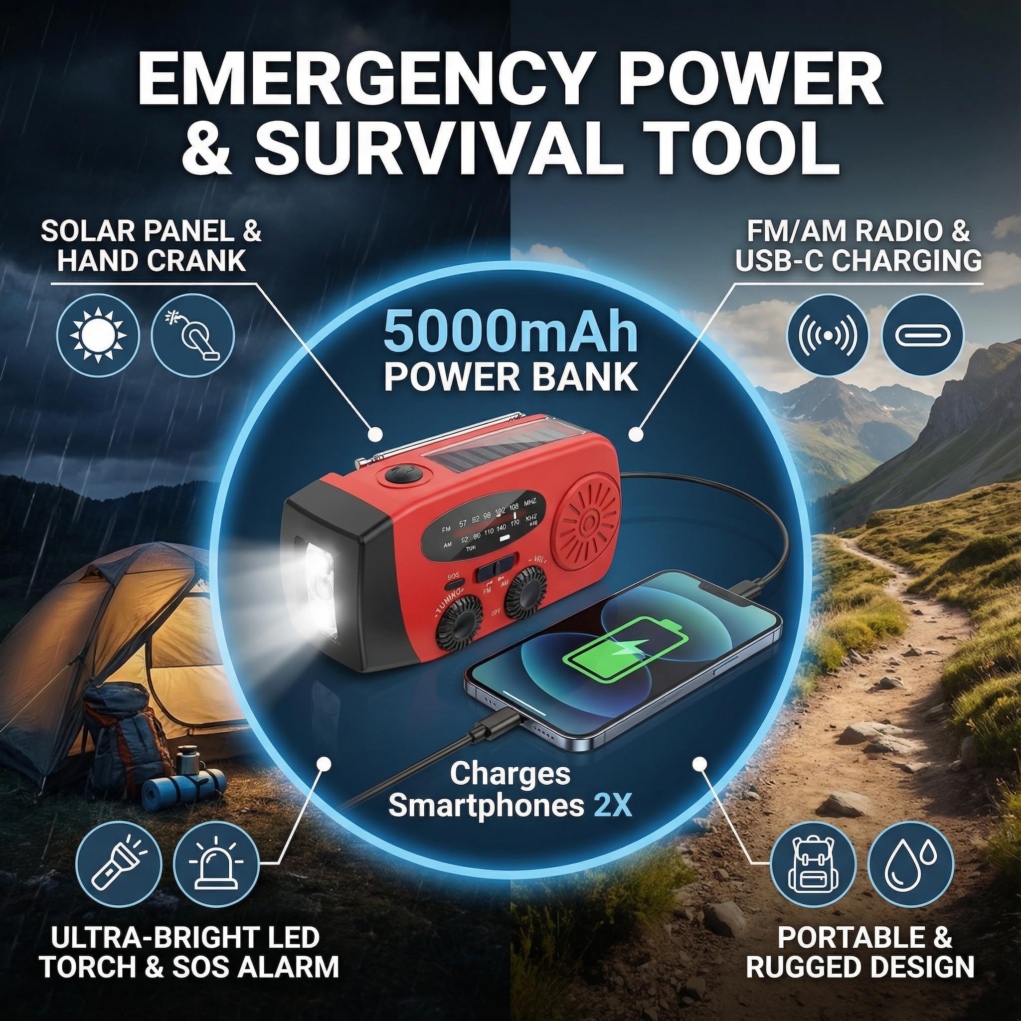 Radio Solar de Emergencia 5000mAh, ZDAGELD Radio Manivela Am/FM, Portátil Power Bank con Linterna LED, USB-C, SOS, Equipo de Supervivencia para Camping, Senderismo y Cortes de Luz